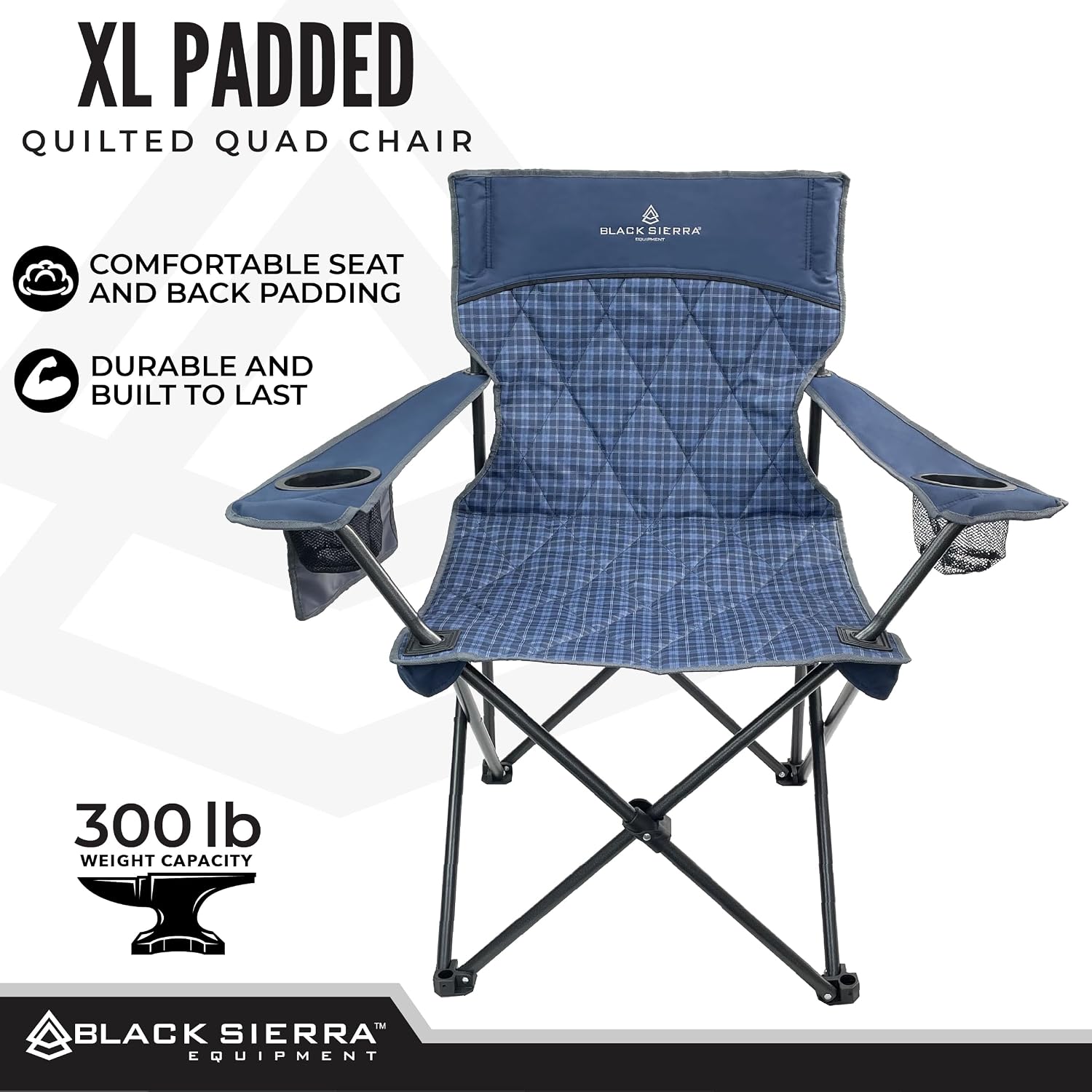 Black Sierra Quilted Padded Camping Chair, Oversized Heavy Duty Outdoor Lounge Seat Supports 300 lbs, Portable, Folding with Cup Holder for Beach, Tailgating, Sports, Patio