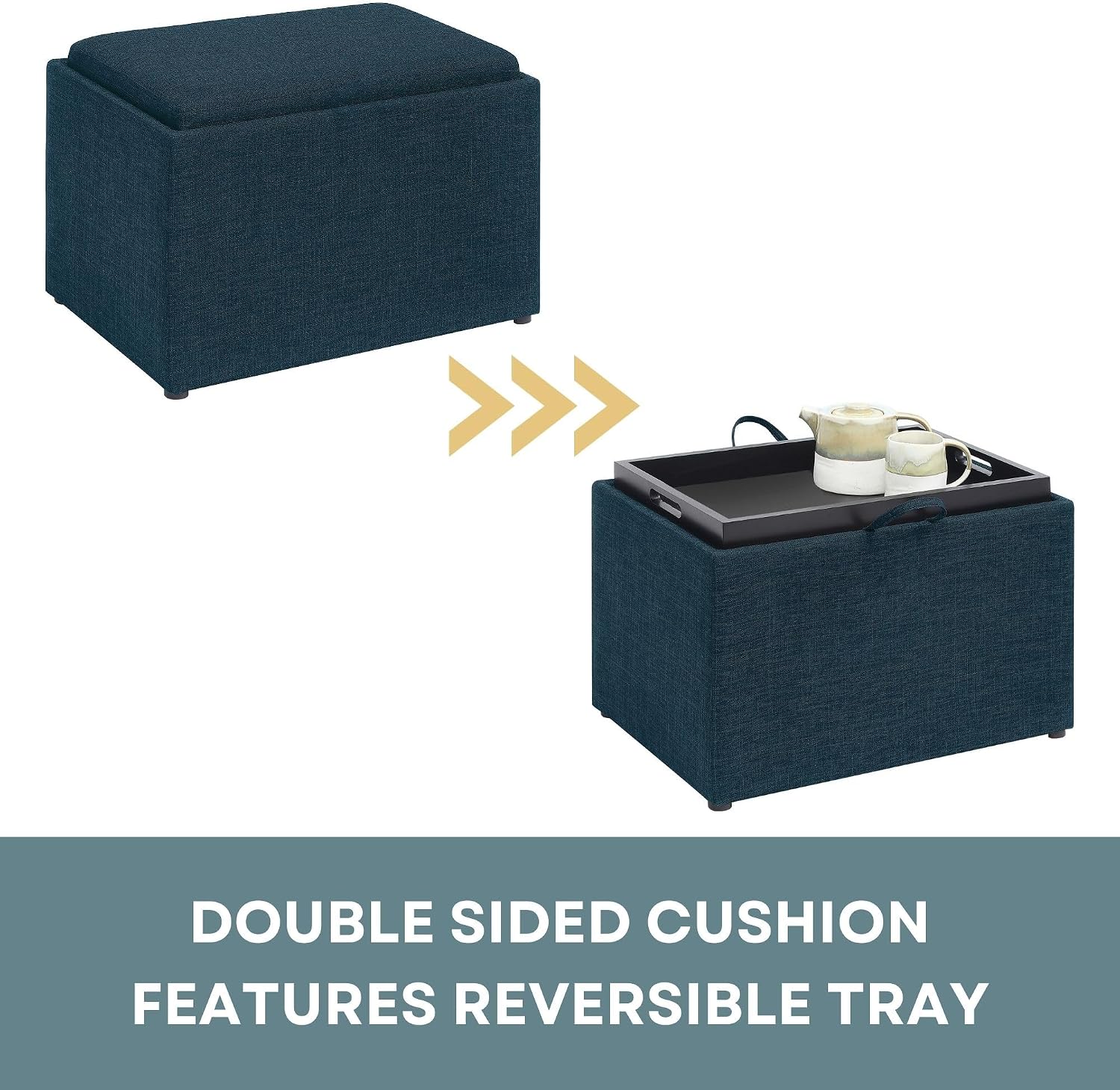 Convenience Concepts Designs4Comfort Accent Storage Ottoman 22.75" - Modern Foot Stool with Decorative Tray for Living Room, Dining Room, Office, Blue Faux Leather
