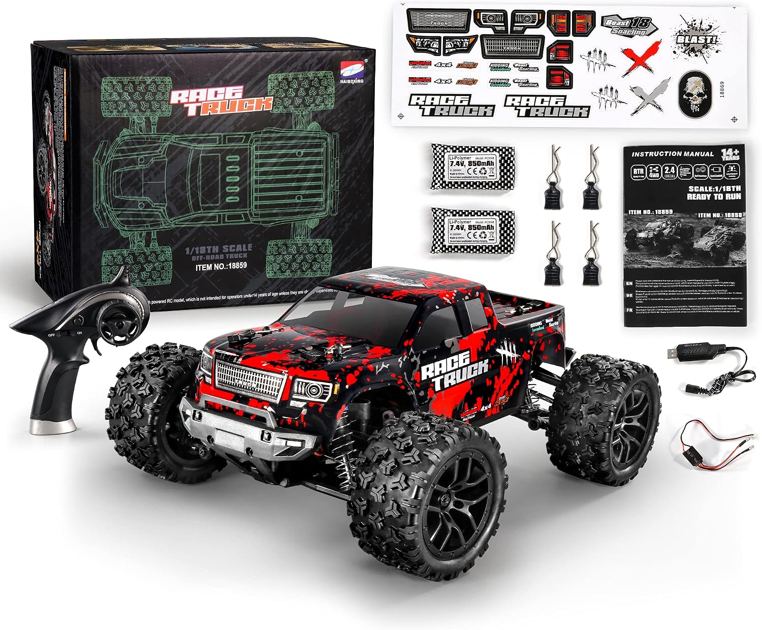 HAIBOXING 1/18 4WD RC Truck 36KM/H Waterproof 2 Batteries 2.4G Remote Car | All-Terrain RC Truck, Independent Suspension, Splash-Proof Electronics
