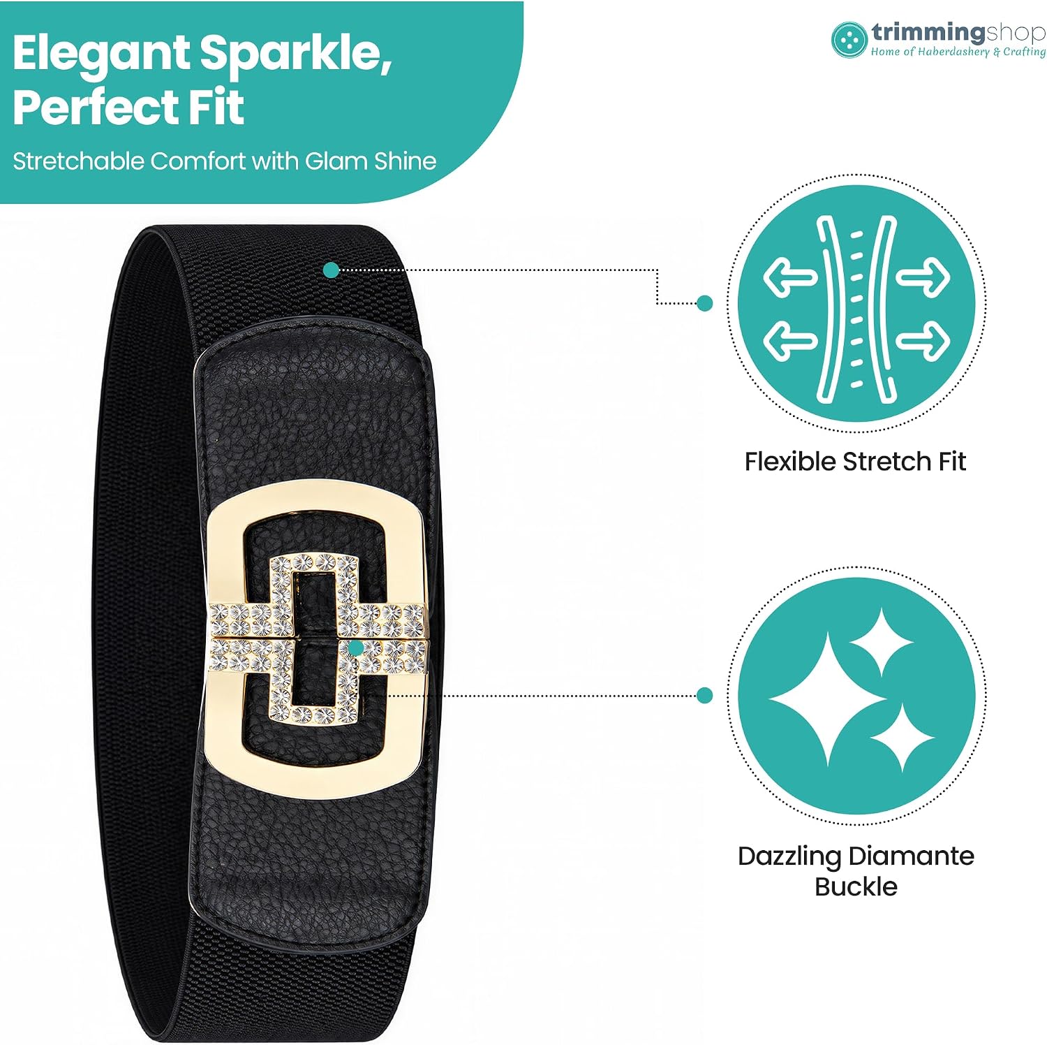 Trimming Shop Women's 60mm Elastic Waist Diamond Embellishment Belt Buckle