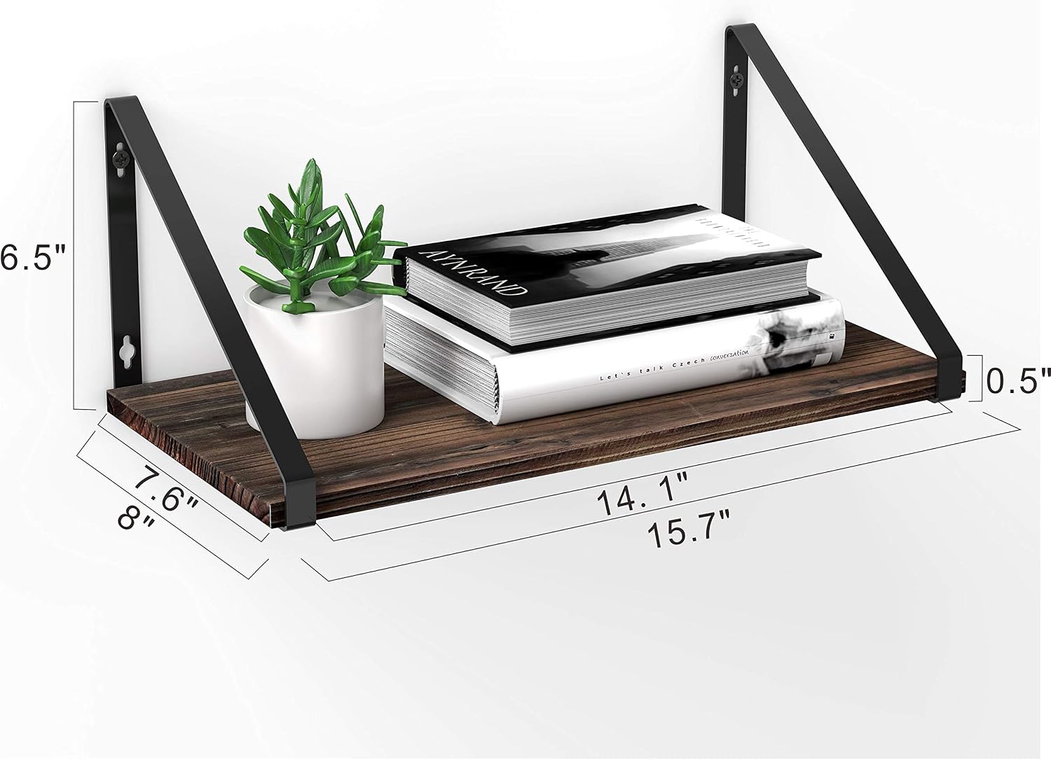 BAMEOS Floating Shelves Rustic Wood Wall Shelf, Small Bookshelf for Living Room, Office, Bedroom, with Metal Bracket