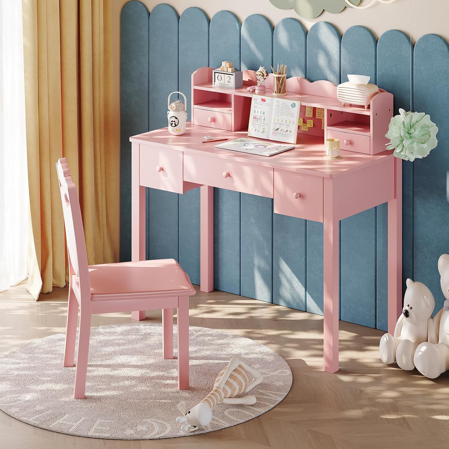 FUNKOCO Writing Desk with Hutch, 40" Small White Desk for Girls, 5 Drawers