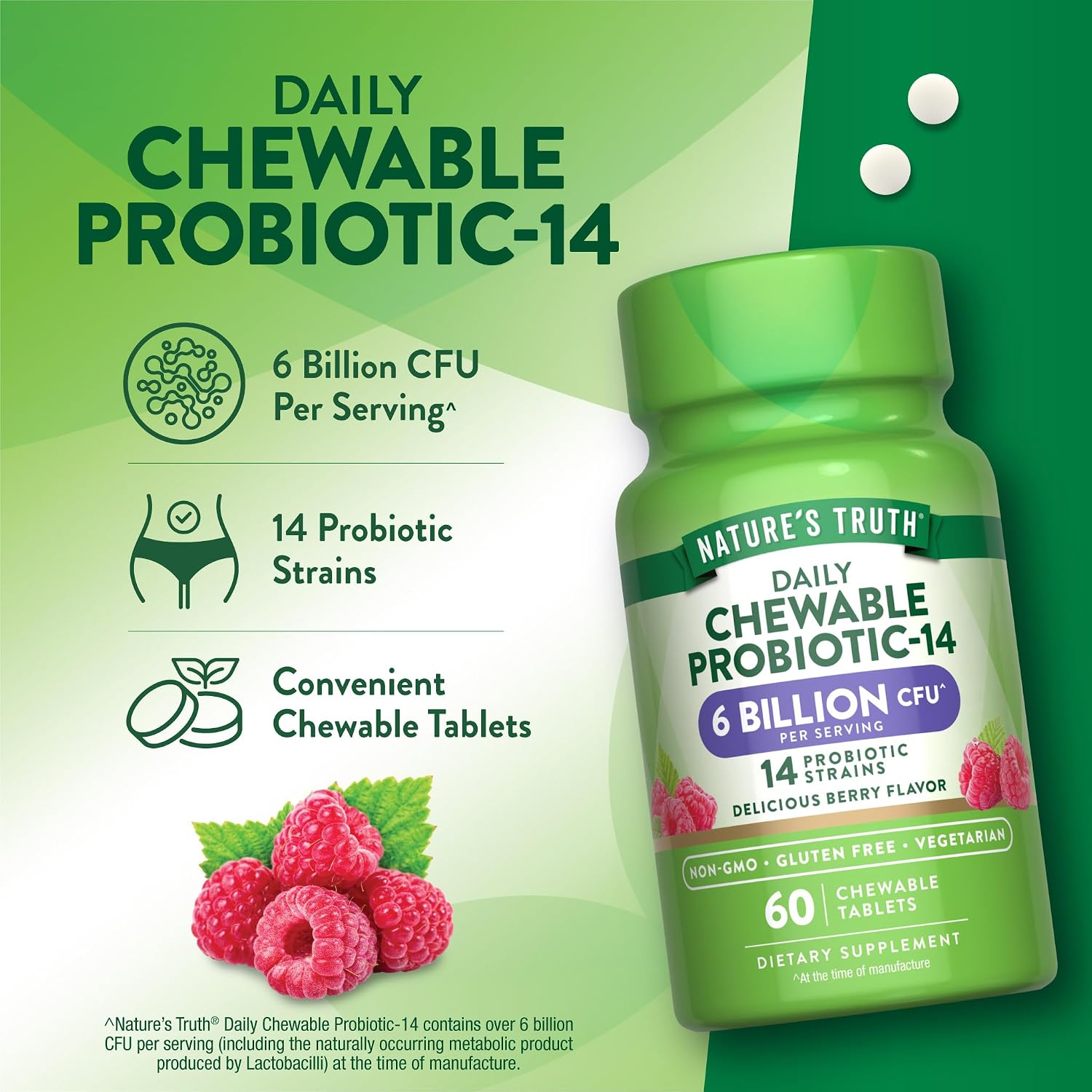 Nature's Truth Probiotic Chewable for Men and Women | 6 Billion CFU | 60 Count | 14 Strains | Berry Flavor | Vegetarian, Non-GMO & Gluten Free