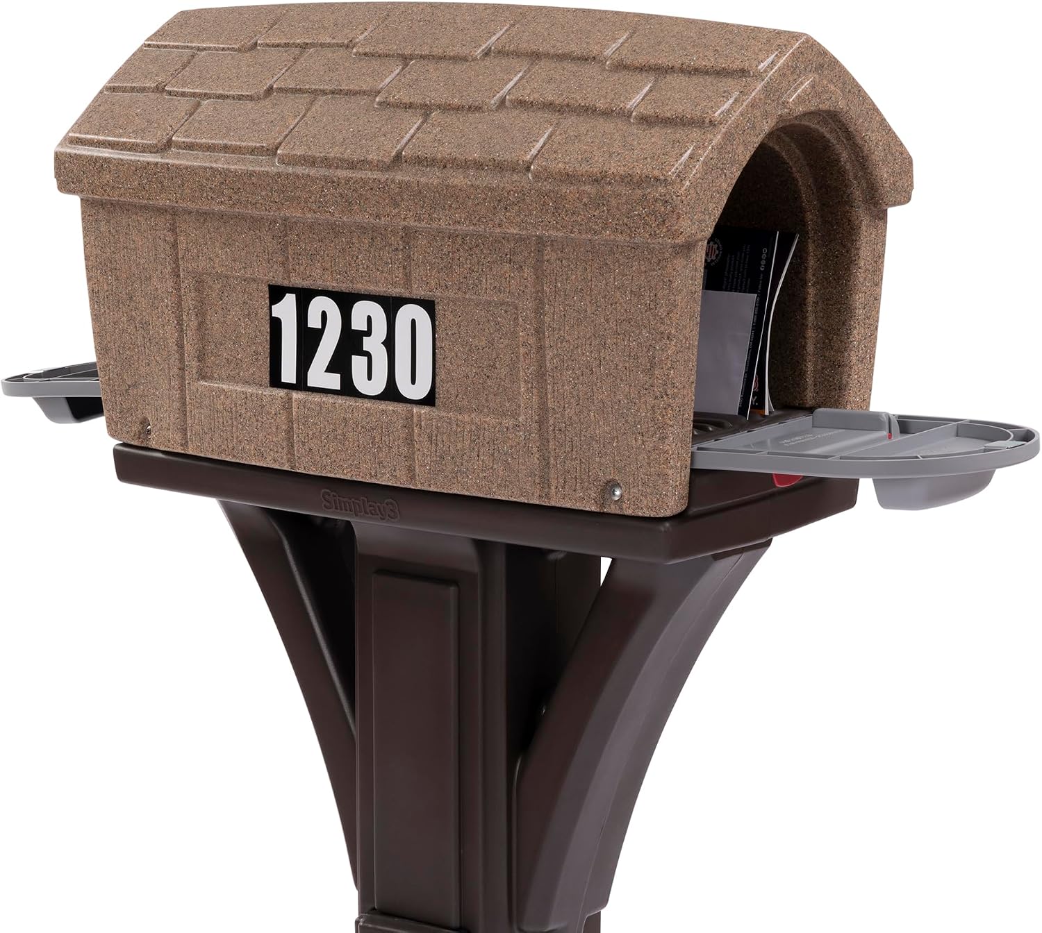Simplay3 Rustic Home Plastic Residential Cabin Mailbox & Post Mount Combo Kit with 2 Access Doors - Sandstone, Made in USA