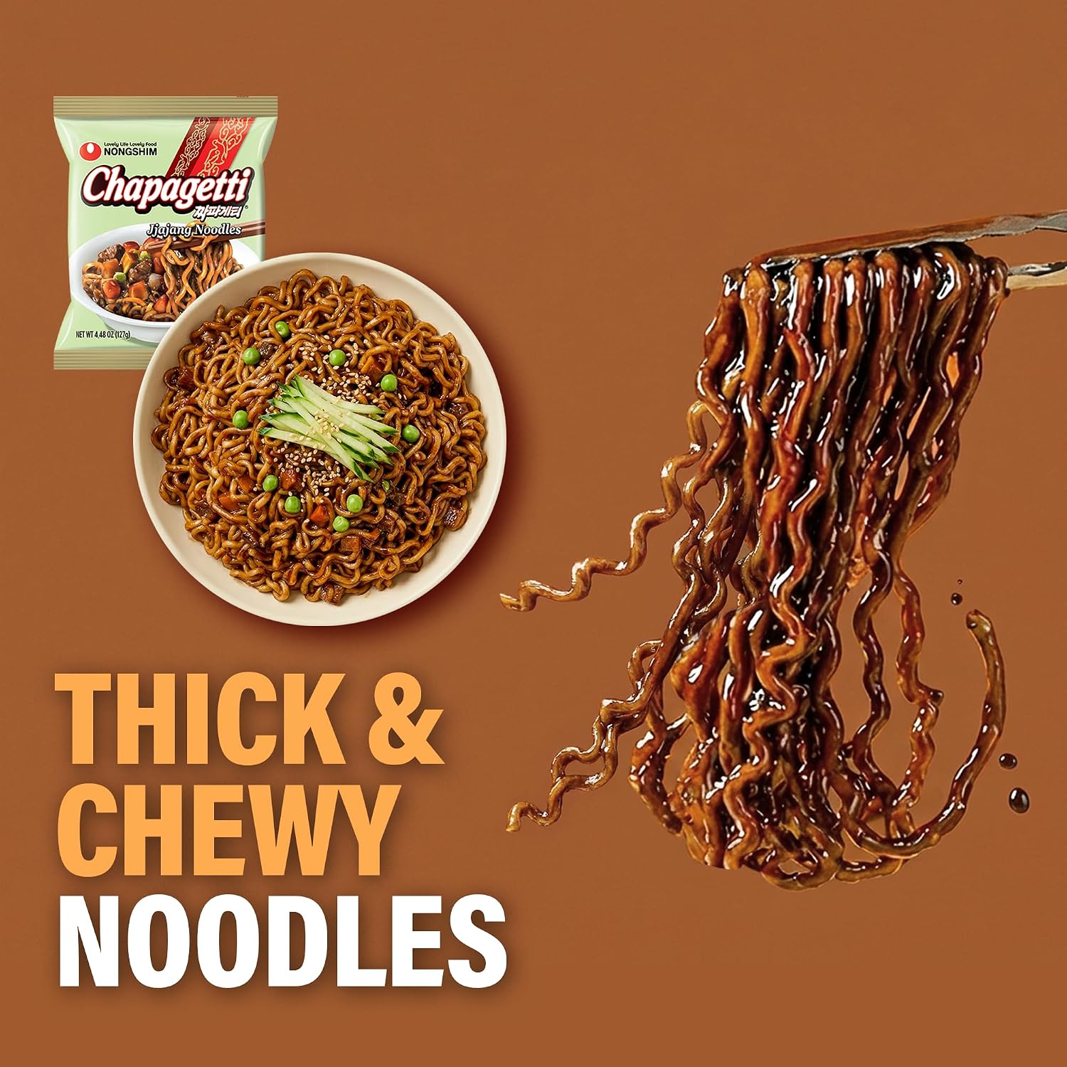 Nongshim Chapagetti, Black Bean Jajangmyeon Korean Ramen Noodles, 10 Pack | Black bean instant noodles with roasted chunjang sauce, onion-garlic notes