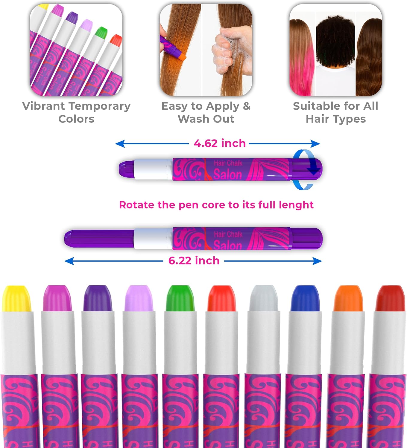 Desire Deluxe Girls Gifts Hair Chalk - 10 Temporary Washable Color Pens for Kids, Teenage, Make Up & Dress Up Colourful Styles Set Toy for Christmas