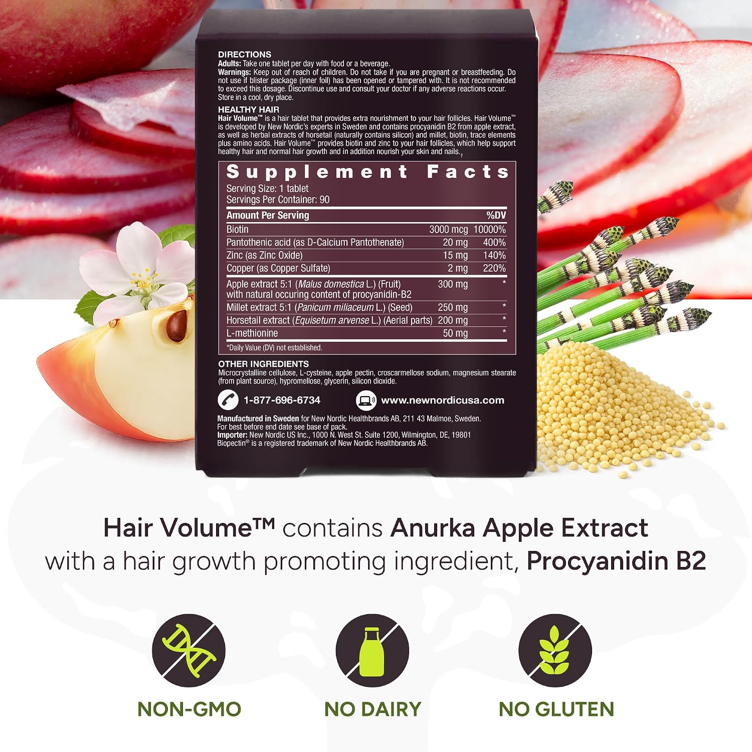 NEW NORDIC Hair Volume Daily Biotin Support Supplement | 90 Tablets | Daily hair supplement tablets made with biotin and Annurka apple extract for simple incorporation into your daily routine