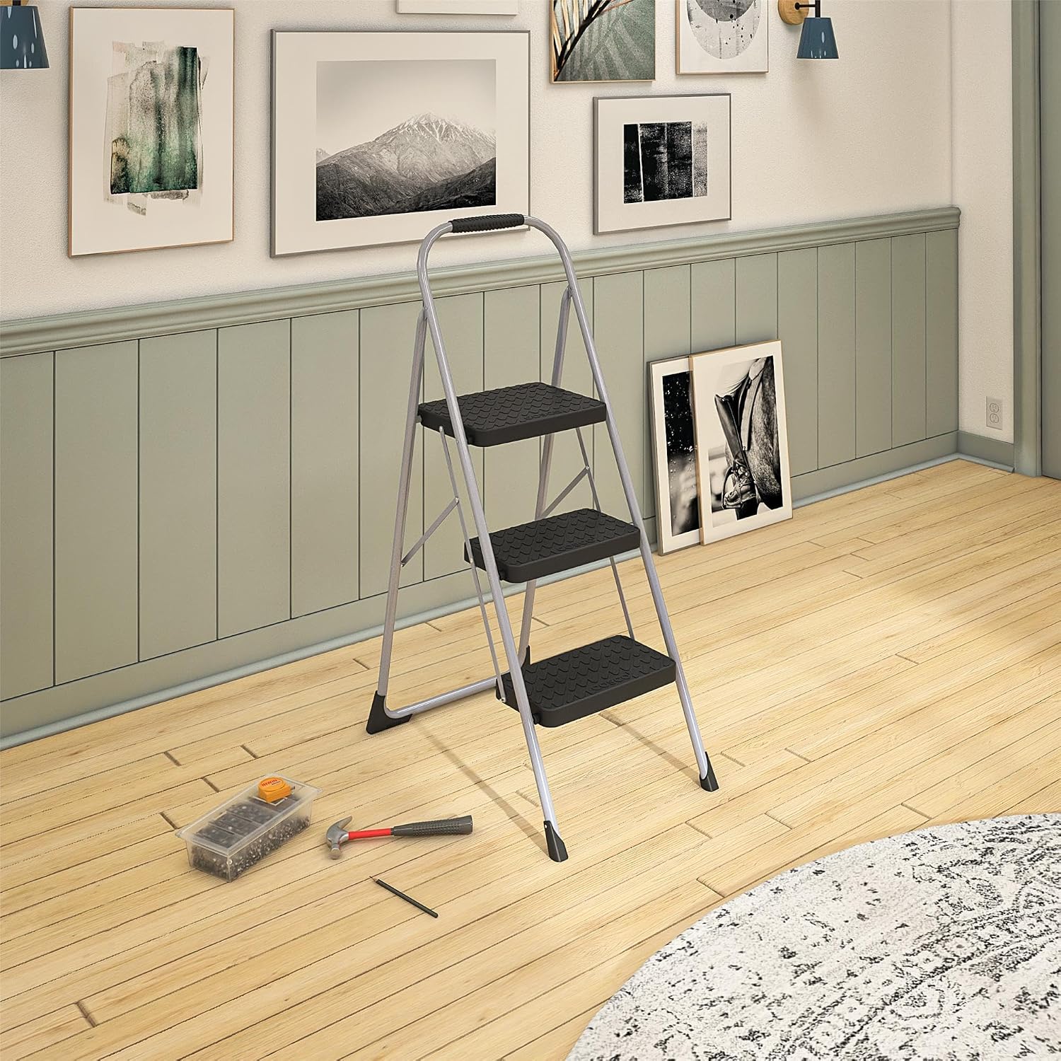 Cosco 11408PBL1E Three Step Big Step Folding Step Stool with Rubber Hand Grip, Grey