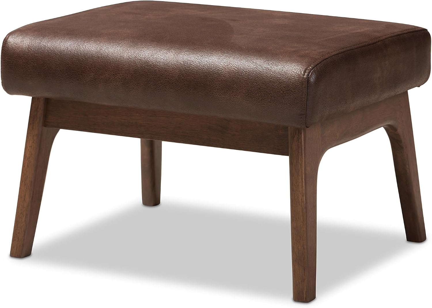 Baxton Studio Birk Mid-Century Modern Walnut Wood Dark Brown Distressed Faux Leather Ottoman
