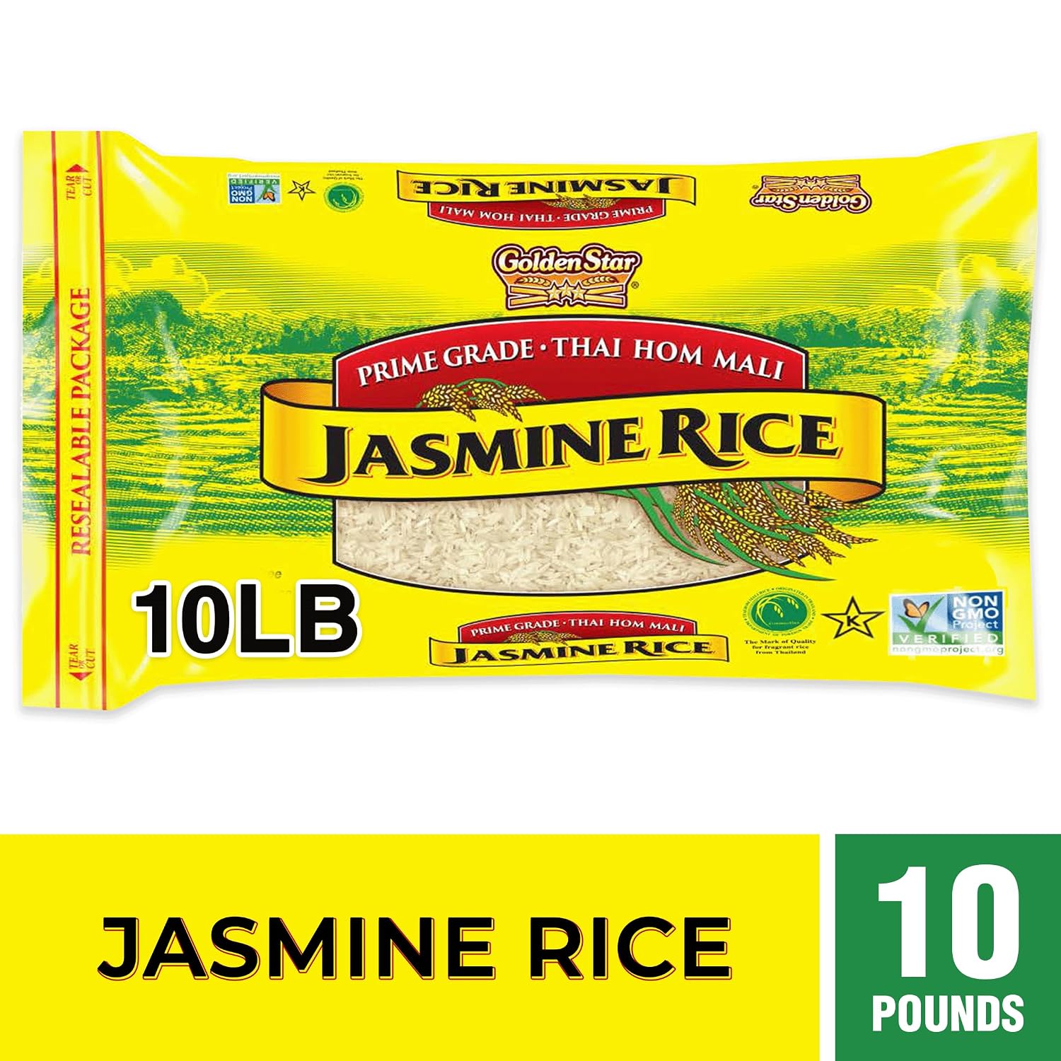 Golden Star Thai Hom Mali White Jasmine Rice - Prime Grade White Rice - 10 lb Bag | Prime Grade White Rice - Great for Gumbo, Curries & More - Cook in Microwave or on Stove Top