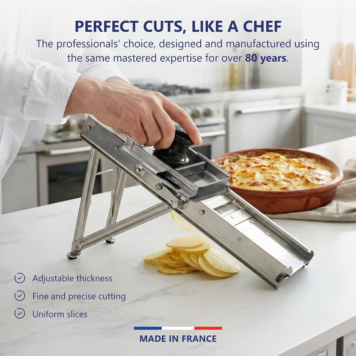 Bron Coucke – Professional Stainless Steel Mandoline with Protective Carriage – 2 Integrated Cutting Blade Units (3 mm & 10 mm) – Smooth &