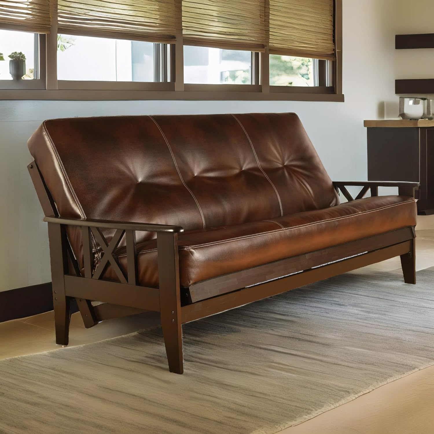 Full Size Camel Futon Cover Only Bonded Leather Premium Collection Fits 6-8 inch Futons Mattress (Havana)