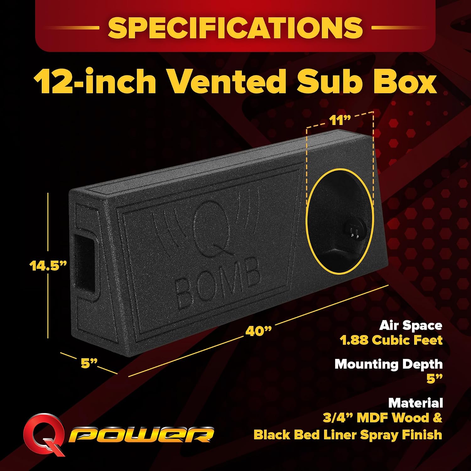 Q Power QBomb Single 12 Inch Vented Subwoofer Sub Box with Black Bedliner Spray