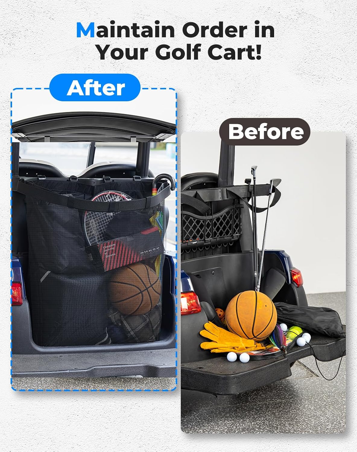 KEMIMOTO Mesh Shopping Storage Bag for 2-Passenger Golf Carts | Full Grocery Capacity, Shoulder Strap, Tool-Free Rear Mounting