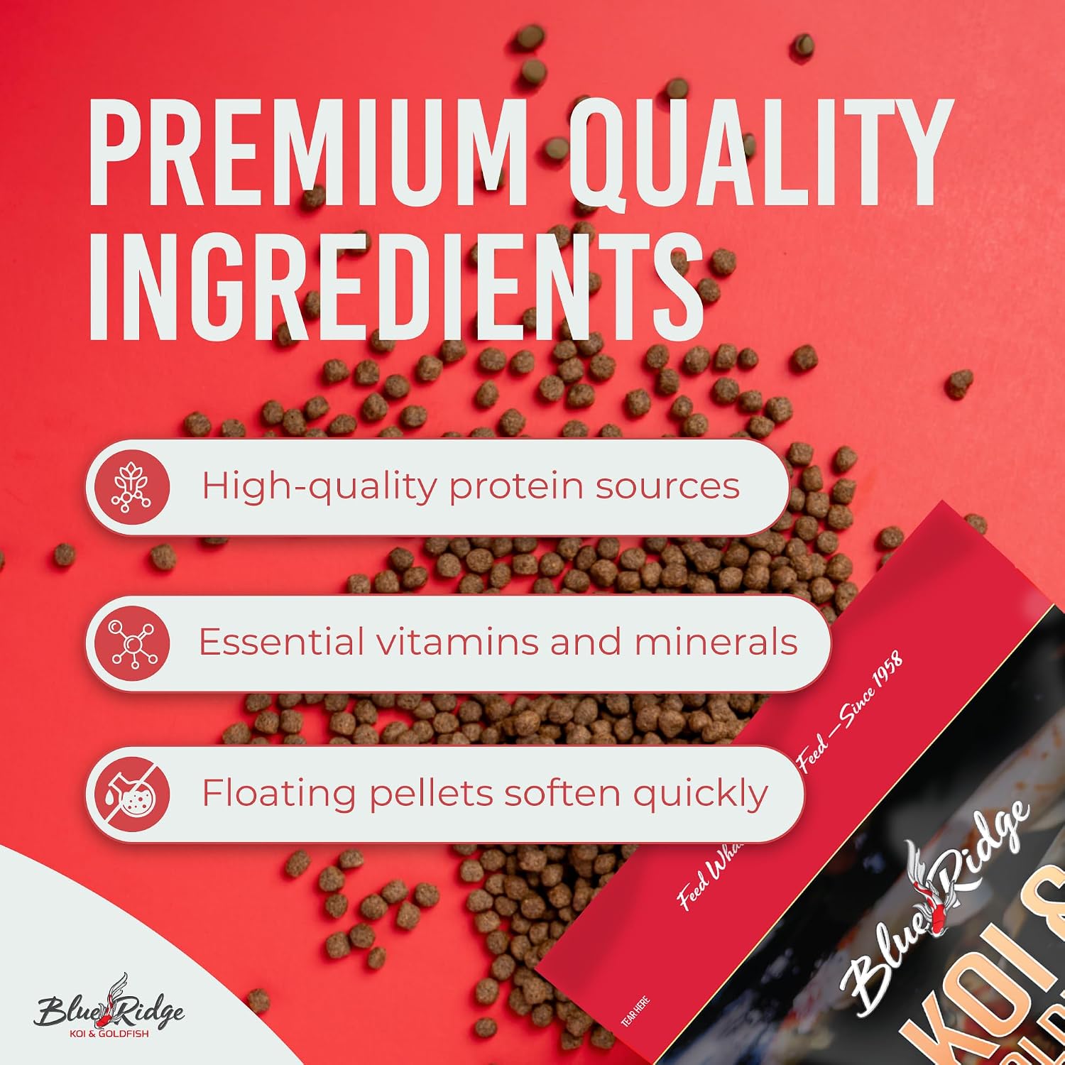 Blue Ridge Koi Fish Food 25lb - Cool Water Wheat 3/16", Fall and Winter Floating Pond Pellets, Ponds Fish Food