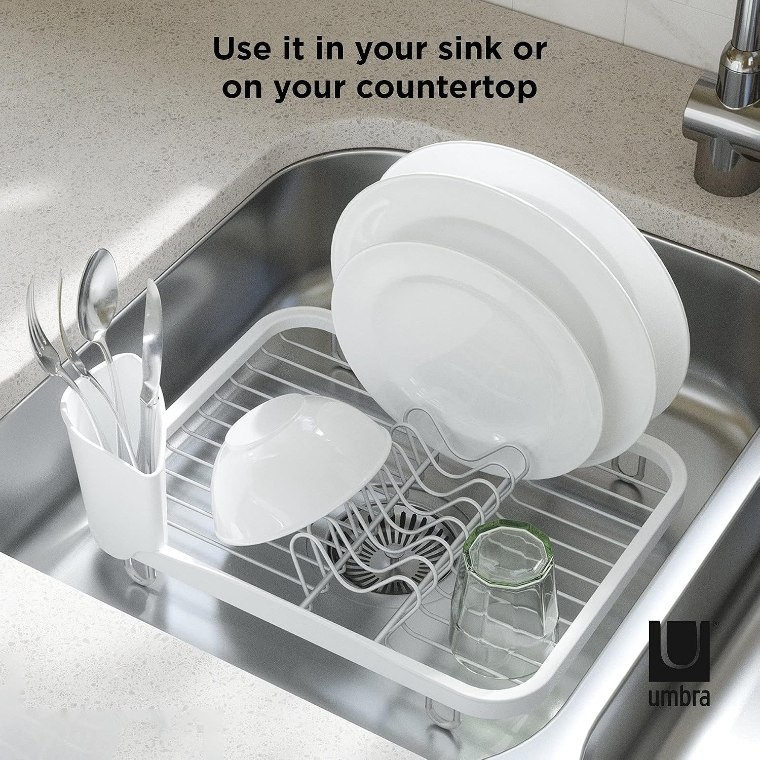 Umbra Sinkin Dish Drying Rack, in Sink or Countertop Drainer, Black/Nickel | Removable utensil holder, non slip rubber feet, fits standard sizes, coated wire and plastic