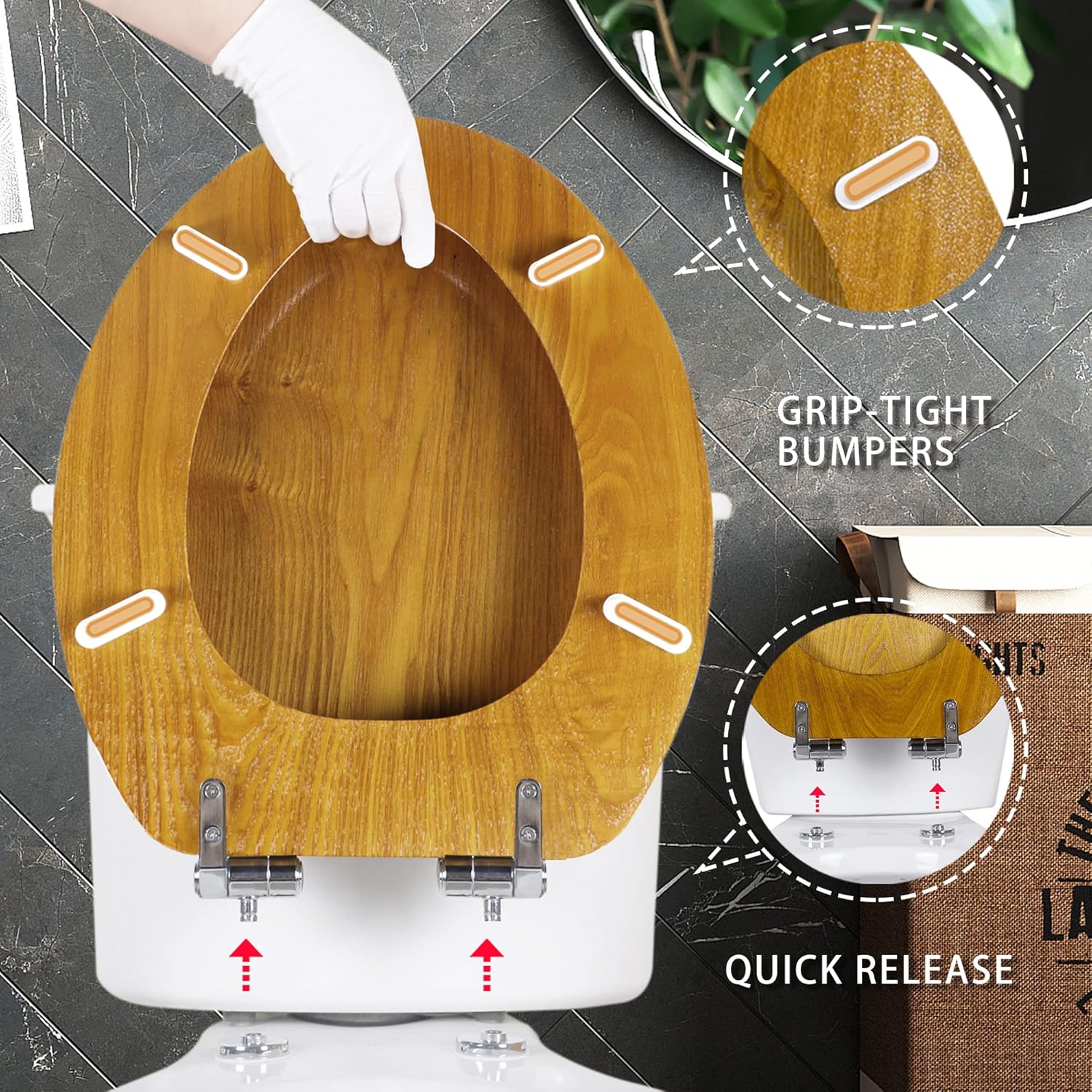Angel Shield Toilet Seat with Zinc Alloy Hinges Quiet-Close Quick-Release Wood Molded UV Lid Easy Clean(Elongated,Black)