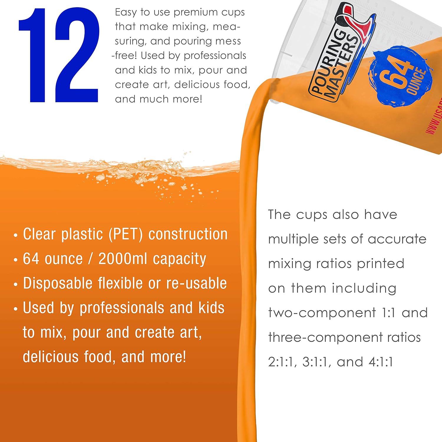 Pouring Masters 40 Ounce (1200ml) Graduated Plastic Mixing Cups (Box of 24)
