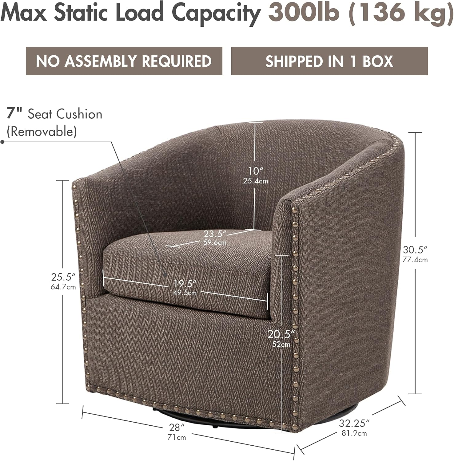 Madison Park Swivel Barrel Accent Chair, Upholstered Curved Back with 7-Inch Thick Woven Cushion, 360° Swivel, Nailhead Trim, Comfy Chair for Living Room, Bedroom, Office, 28" Wide, Neutral, Tyler