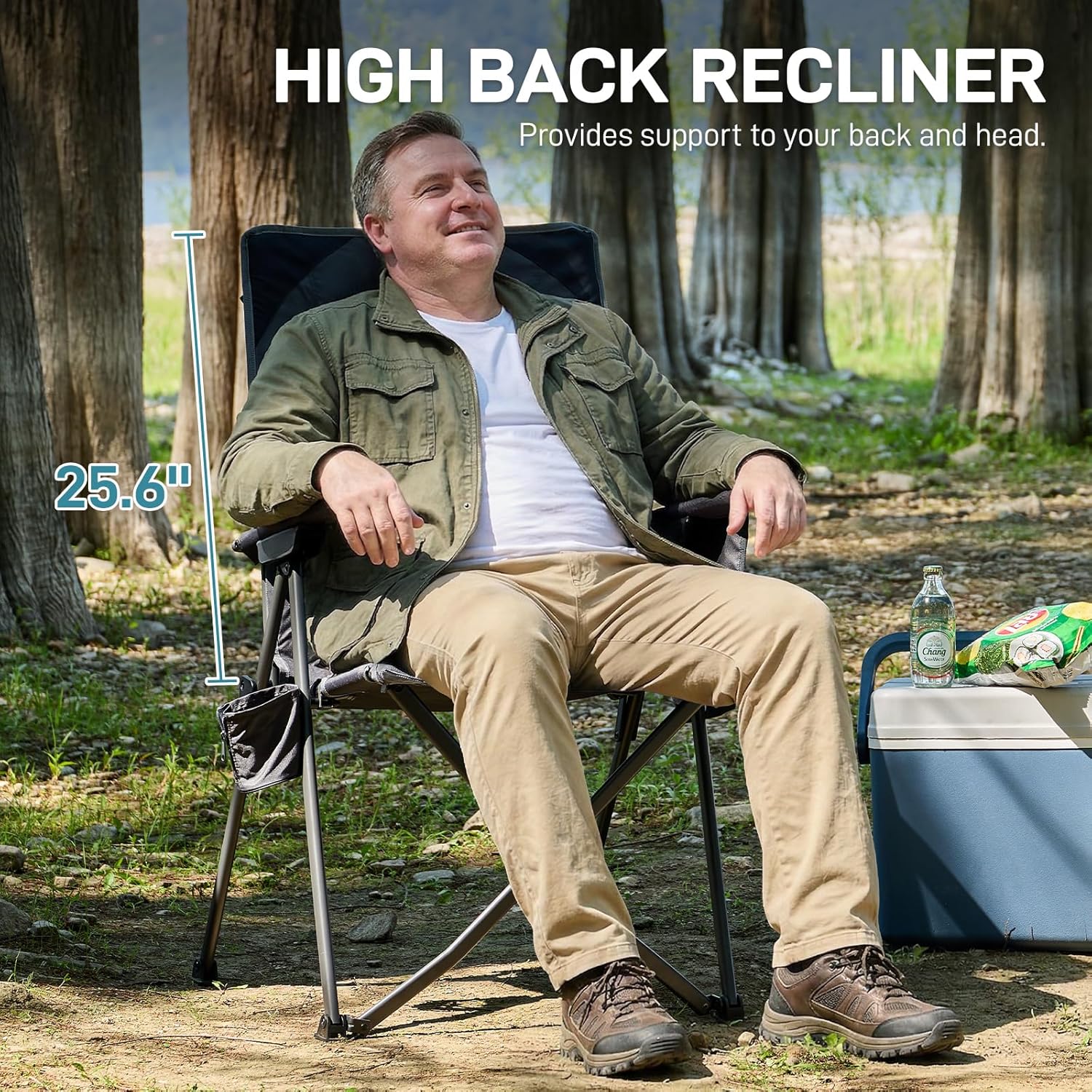 EVER ADVANCED Reclining Camping Chairs for Adult Supports 350lbs Grey | Lightweight, Folding Recliner with Adjustable Back, 4-Level Lounge Chairs