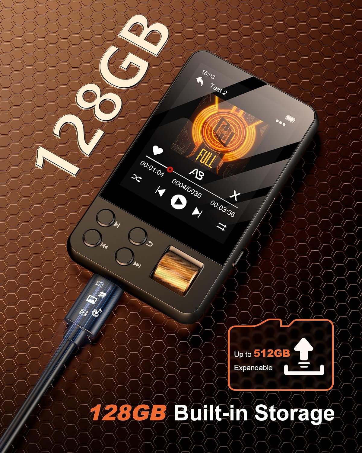 128GB MP3 Player with Bluetooth 5.4, AGXOV Music Player with Built-in HD Speaker, FM Radio, Voice Recorder, HiFi Sound, E-Book, Earphones Included