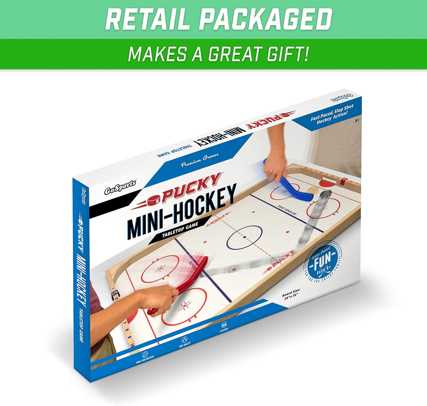 GoSports Hockey Ice Pucky Wooden Table Top Hockey Game for Kids & Adults - Includes 1 Game Board, 2 Hockey Sticks & 3 Pucks