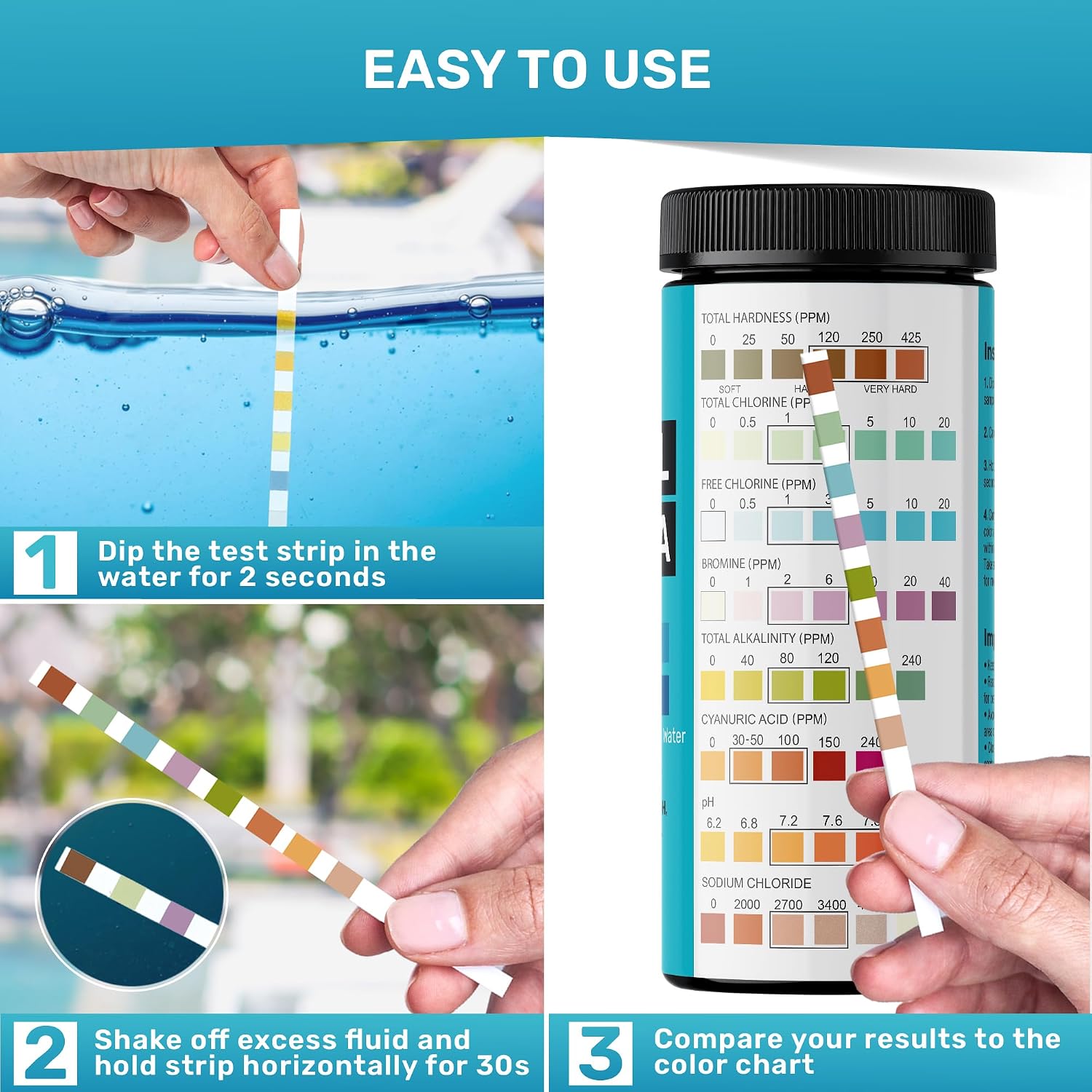 Pool Test Strips for Pools and Spas - 7 in 1 Water Test 100 Pack | Includes 100 pool test strips that measure chlorine, bromine, pH, alkalinity, hardness and cyanuric acid in 30 seconds.