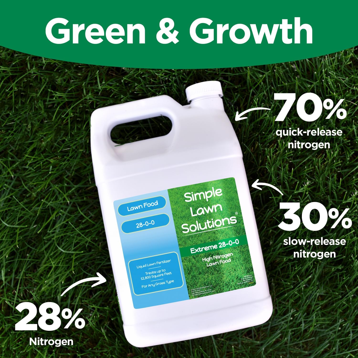 Maximum Green & Growth Fertilizer High Nitrogen 28-0-0 Liquid Lawn Food Spray Spring & Summer- Any Grass Type- Simple Lawn Solutions - Concentrated Quick & Slow Release Attached Sprayer (32 Ounce)