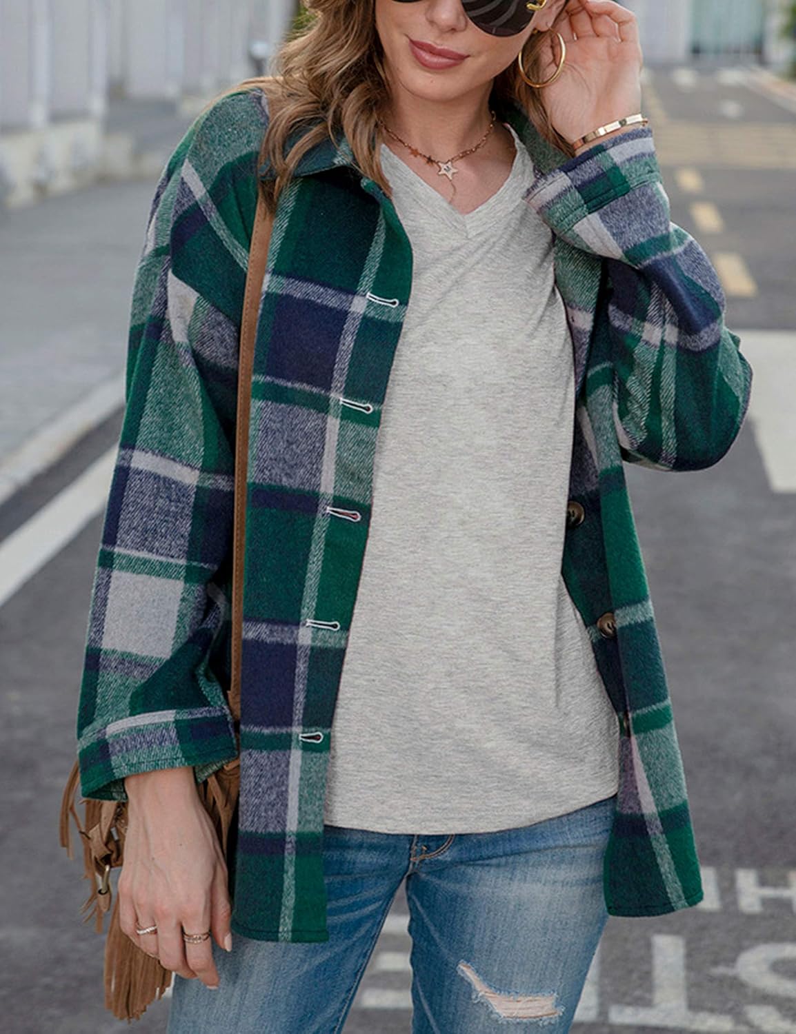 Yeokou Women's Plaid Flannel Shacket Oversized Button Down Long Sleeve Shirt Jacket Casual Spring Fall Outfits