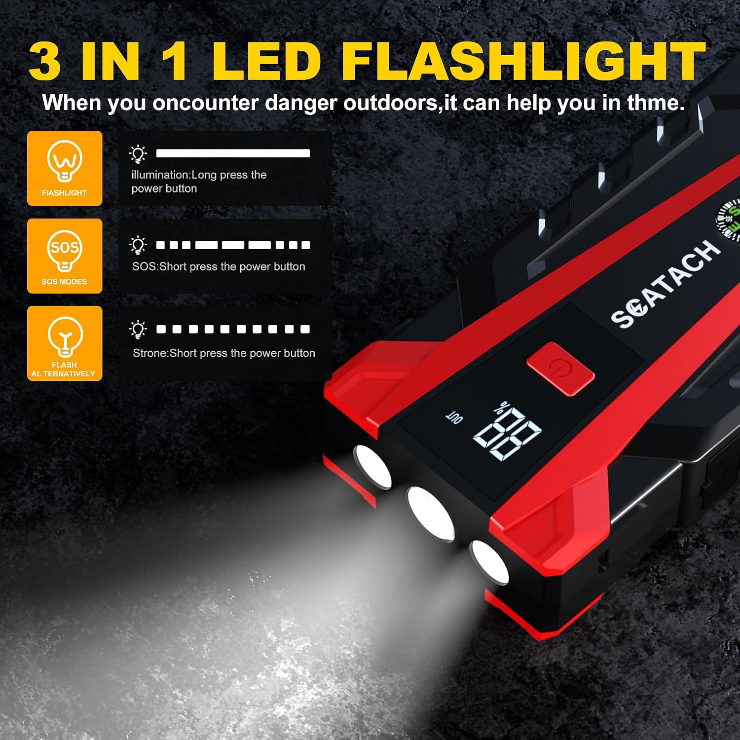 Scatach 6000A Car Battery Jump Starter,12V Portable Jump Starter Battery Pack (up to 9.0L Gasoline and 7.0L Diesel Engine), Jump Box with 3 Modes Flashlights, Jumper Cables, LED Display