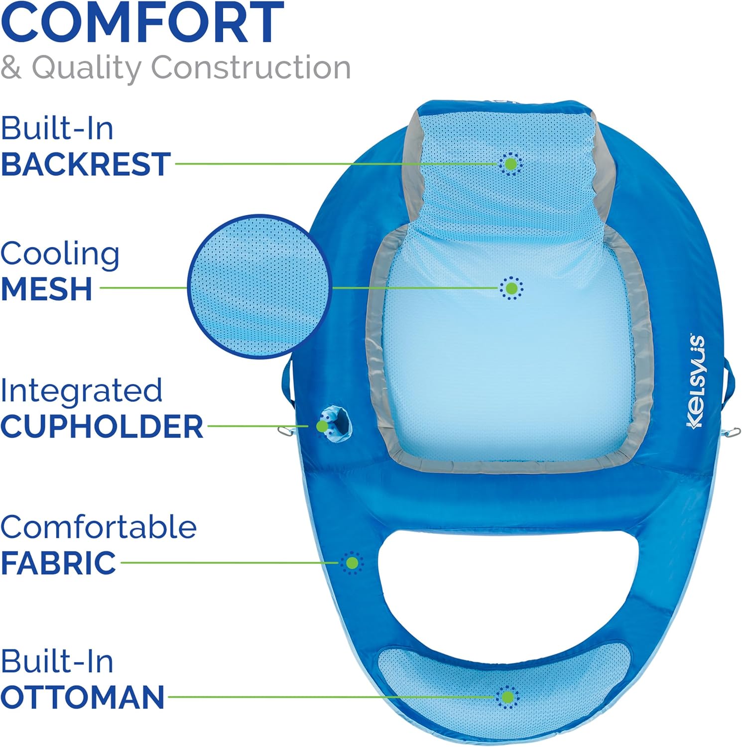 Kelsyus Spring Float Pool Lounger Chair, Light Blue | Fast Inflation for Immediate Use During Travel, Fits Most Adults and Teens