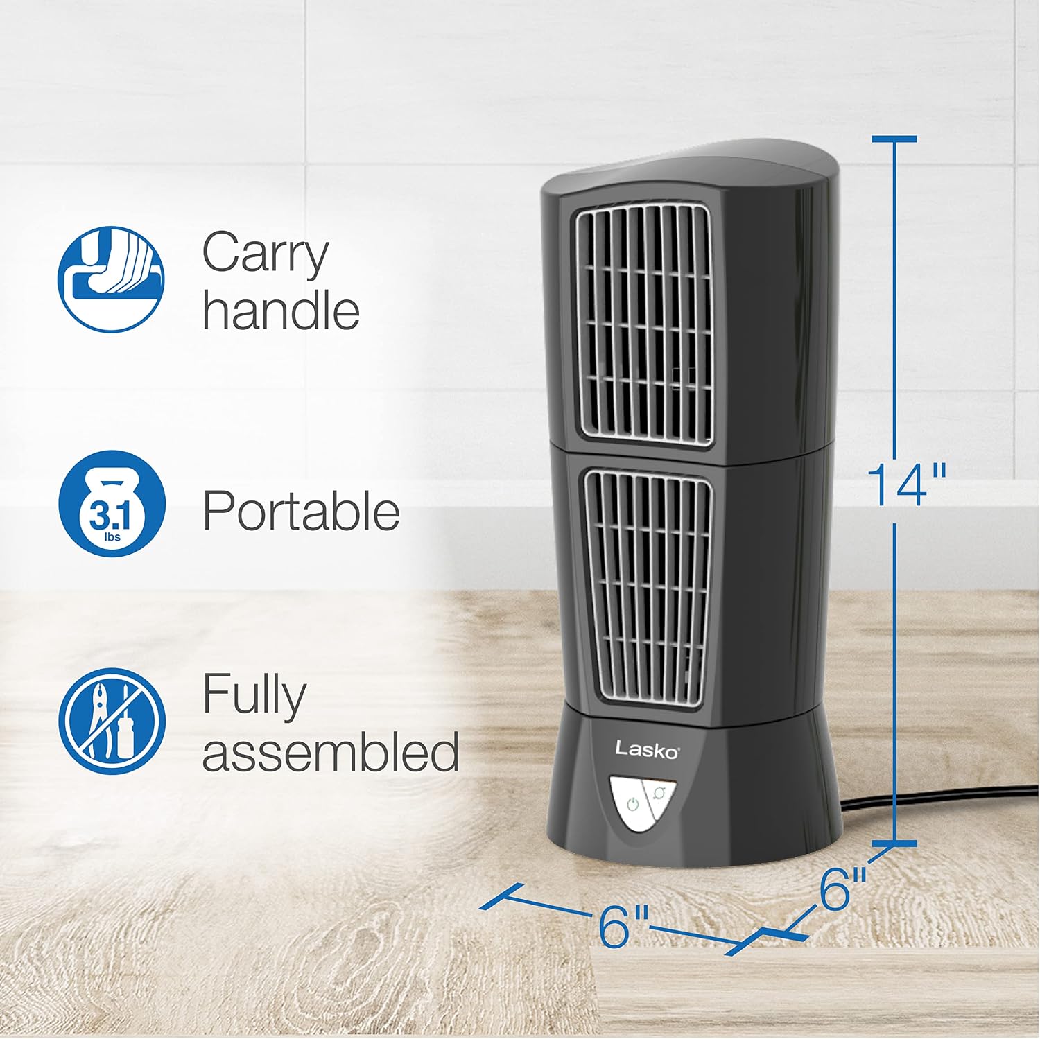 Lasko Oscillating Platinum Desktop Wind Tower Fan, 3-Speeds, Compact, Portable with Handle for Office, Bedroom and Kitchen, 14", Black, 4916