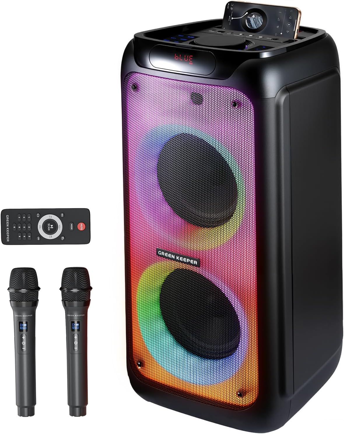 GKD80 Karaoke Machine for Adults with 2 Wireless UHF Microphone, 600W Peak Bluetooth Speaker with Dual 8'' Subwoofers