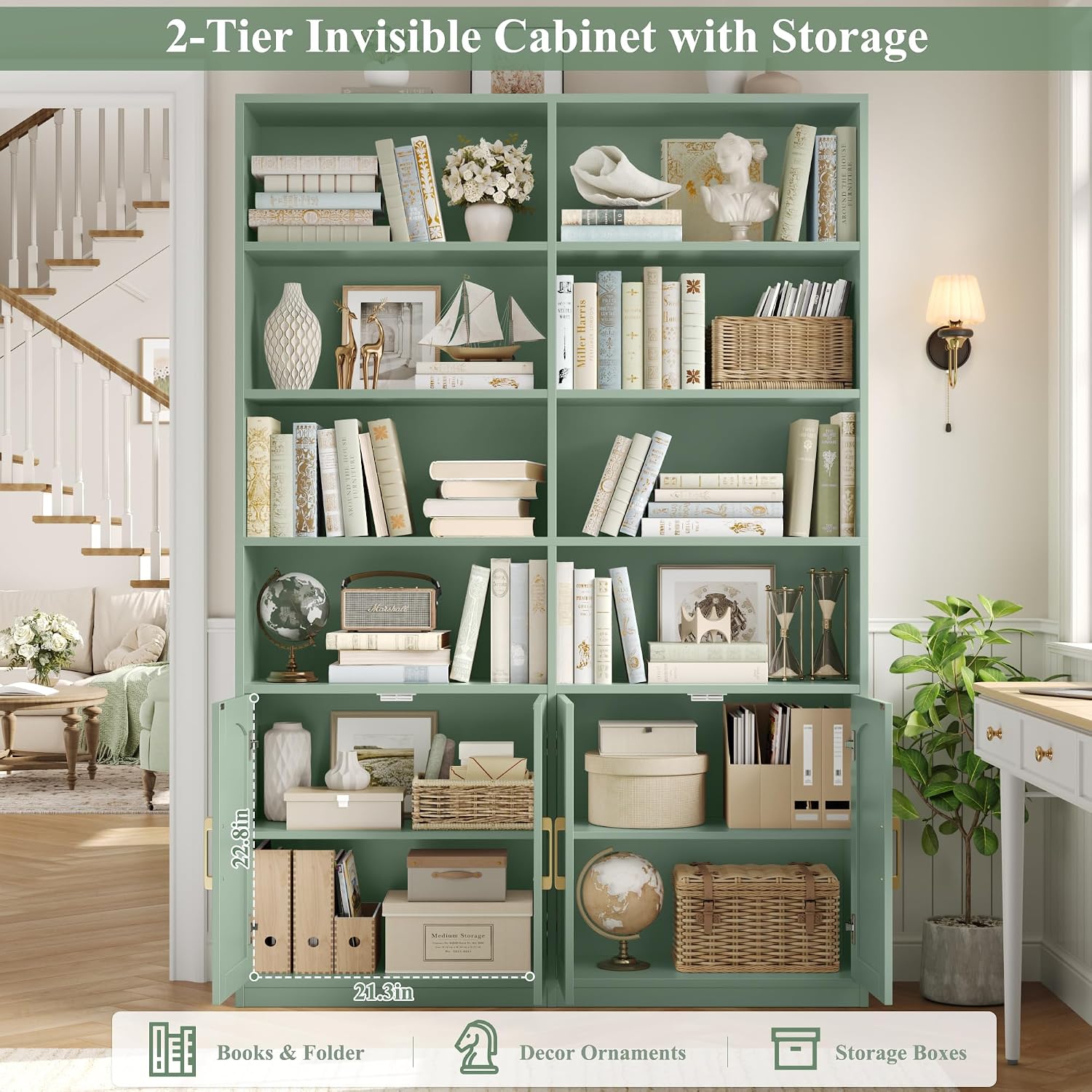 Bookshelf and Bookcase with Doors, Double Wide Large Bookshelves | Industrial Open Display Shelves 6 Tier, 73'' Tall Bookshelf with Storage Cabinets for Office,Home, Living Room, Library,White