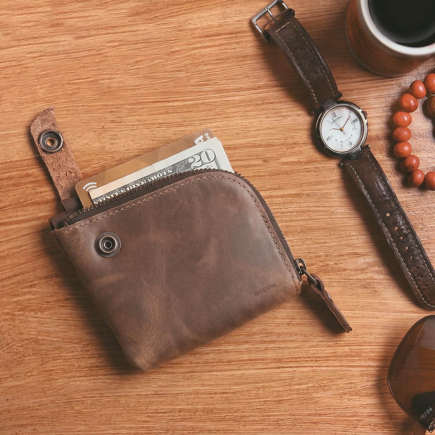 Hide & Drink, Leather Zippered Wallet, Holds Up to 6 Cards Plus Folded Bills, Pouch Organizer, Cash Holder, Travel Essentials, Mini, Pocket-Size, Handmade (Bourbon Brown)