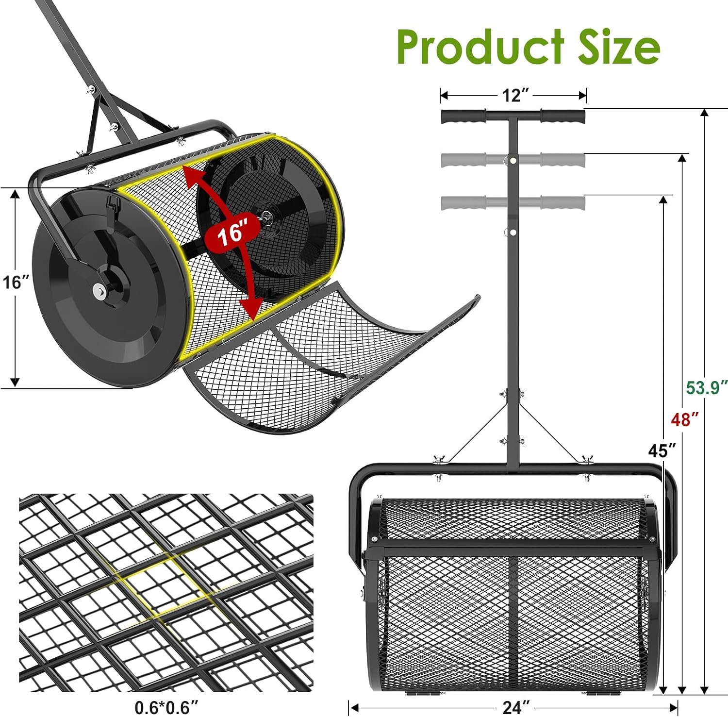 Seeutek Compost Spreader, 24" Peat Moss Spreader with 3 Heights | Push or Tow Top Soil Spreader W/Upgraded Side Latches Support Rod Powder Coated Metal Mesh Top Dressing Spreader for Lawn