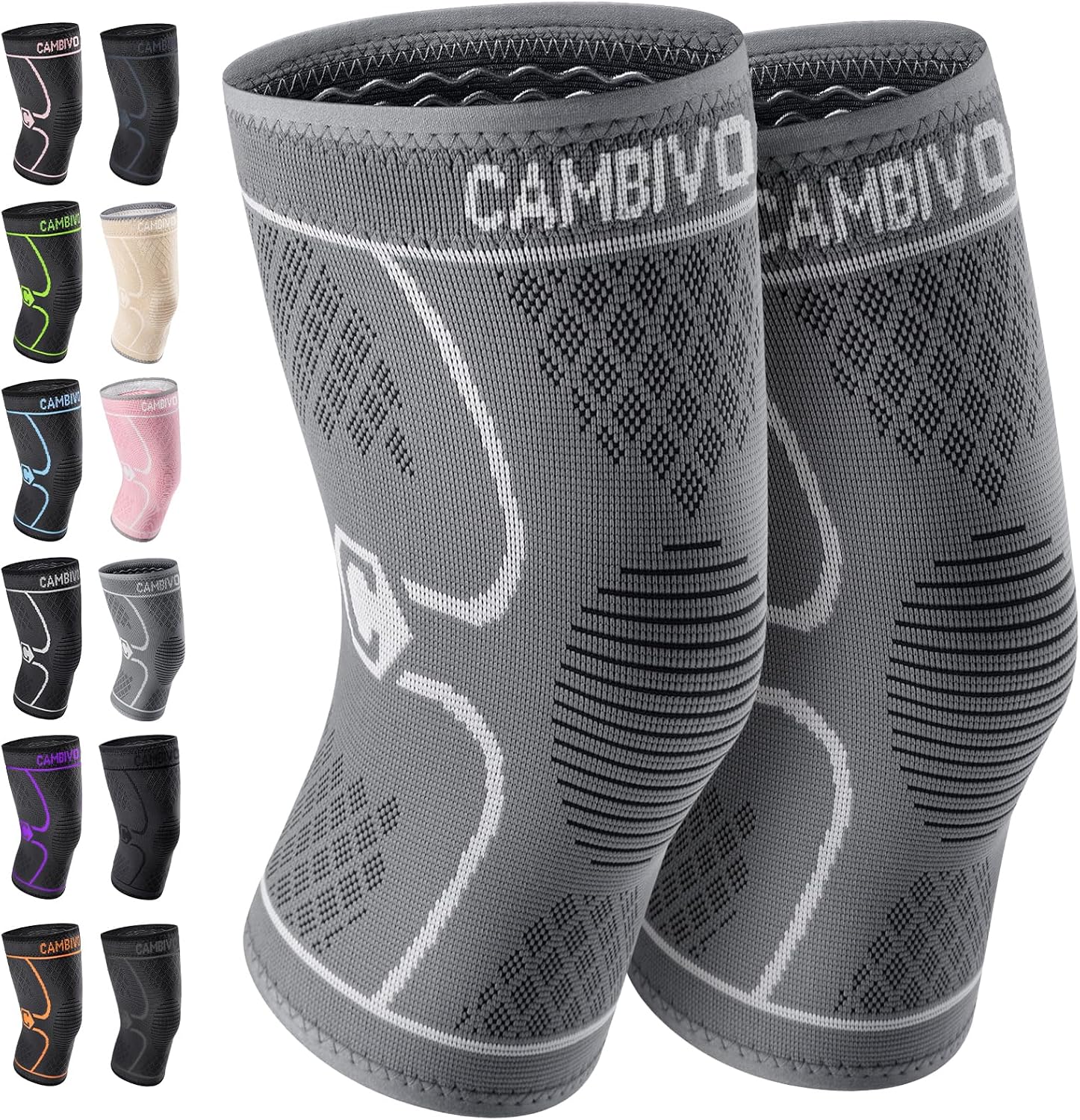 CAMBIVO 2 Pack Knee Braces for Women & Men, Knee Compression Sleeves for Knee Pain Relief, Knee Support with Non-Slip Silicone, Breathable, for Running, Workout, Weightlifting & Daily Use, Arthritis Support (Black, Medium)