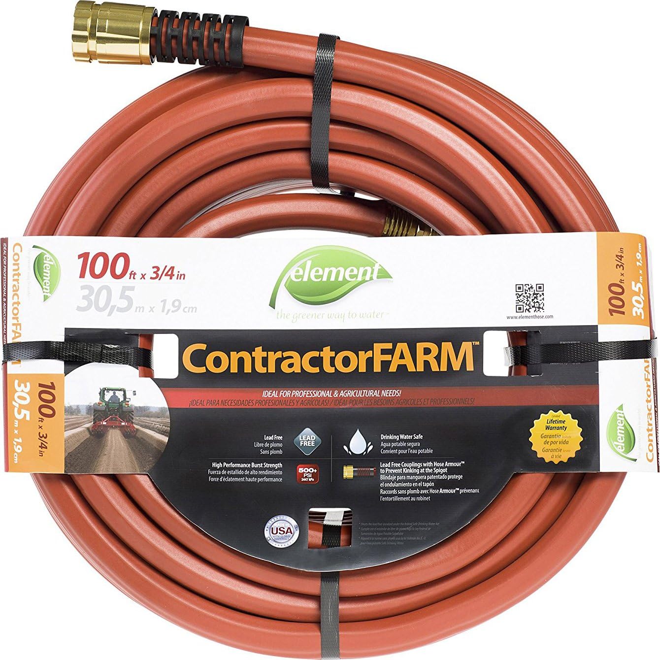 Element ContractorFARM Heavy Duty Watering Hose, 100' Length, 3/4" Diameter, 400+ PSI, Red