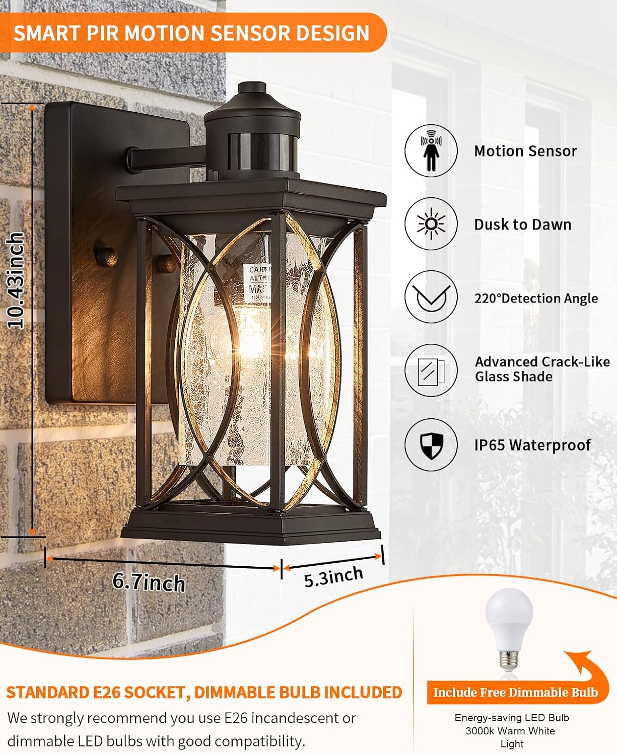 Dusk to Dawn Modern Outdoor Coach Lantern Exterior Light Fixtures Black Aluminum with Crack-Like Glass Waterproof Wall Sconce Mission Outside Light