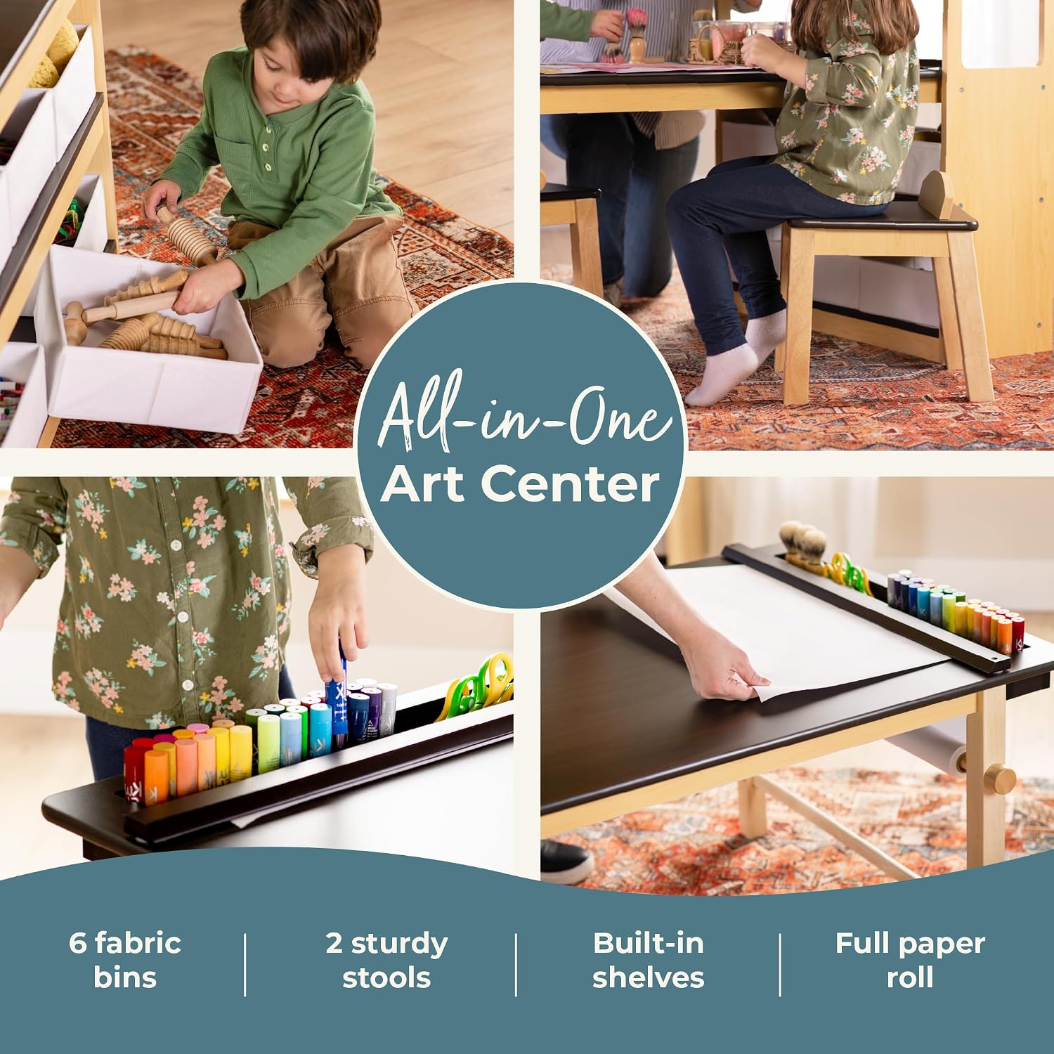 Guidecraft Deluxe Art Center: Kids' Montessori Art Table and Chairs Set with Storage Shelves, 6 Fabric Bins
