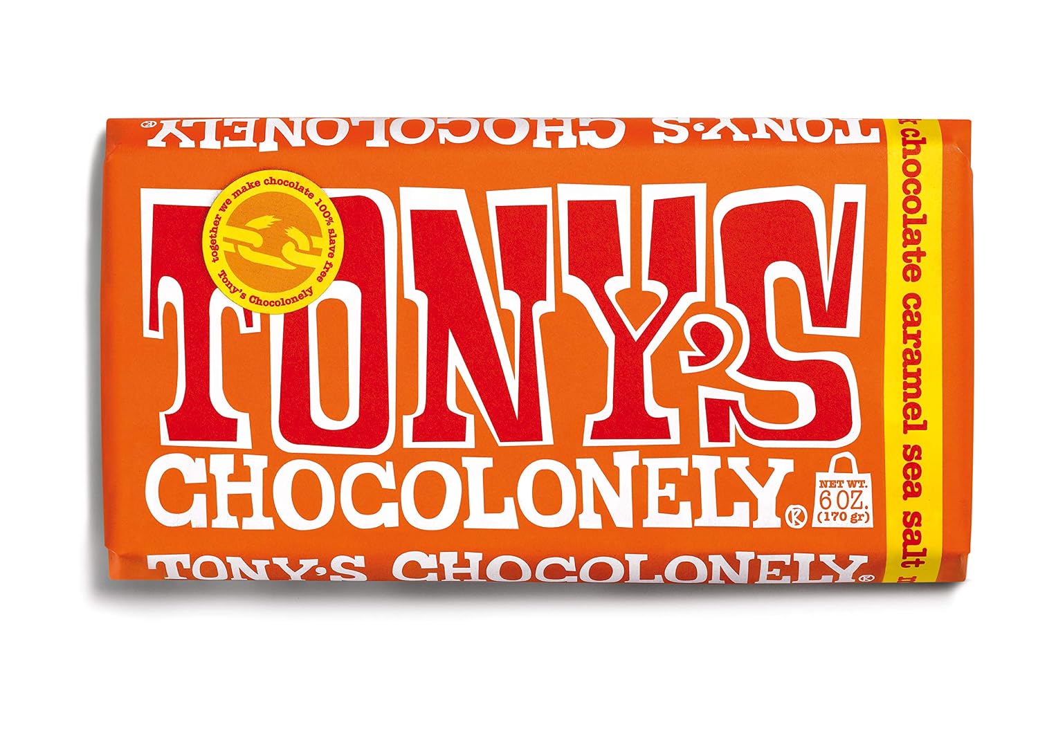 Tony’s Chocolonely 32% Milk Chocolate Caramel Sea Salt Bars, No Artificial Flavoring, Fairtrade & B Corp Certified, 6.35 Ounce (15 Bars)