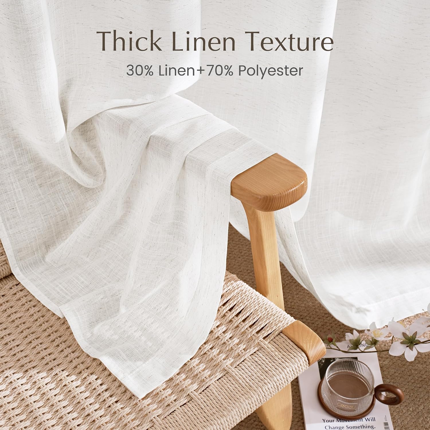 NICETOWN Linen Curtains White Semi Sheer 72 inch Long for Windows, Privacy with Light Filtering Grommet Top Window Treatments for Bedroom/Living Room