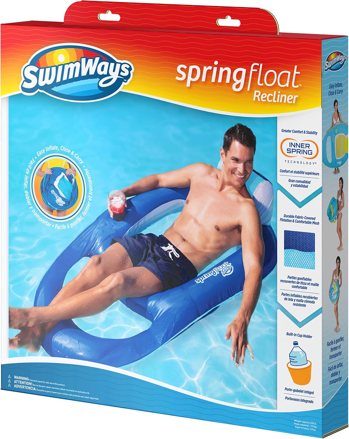 SwimWays Spring Float Recliner 6060700 Water Buoyant Summertime Relaxation Comfort Lounge Seat with Cup Holder for Pool Lake Beach Pond River Island