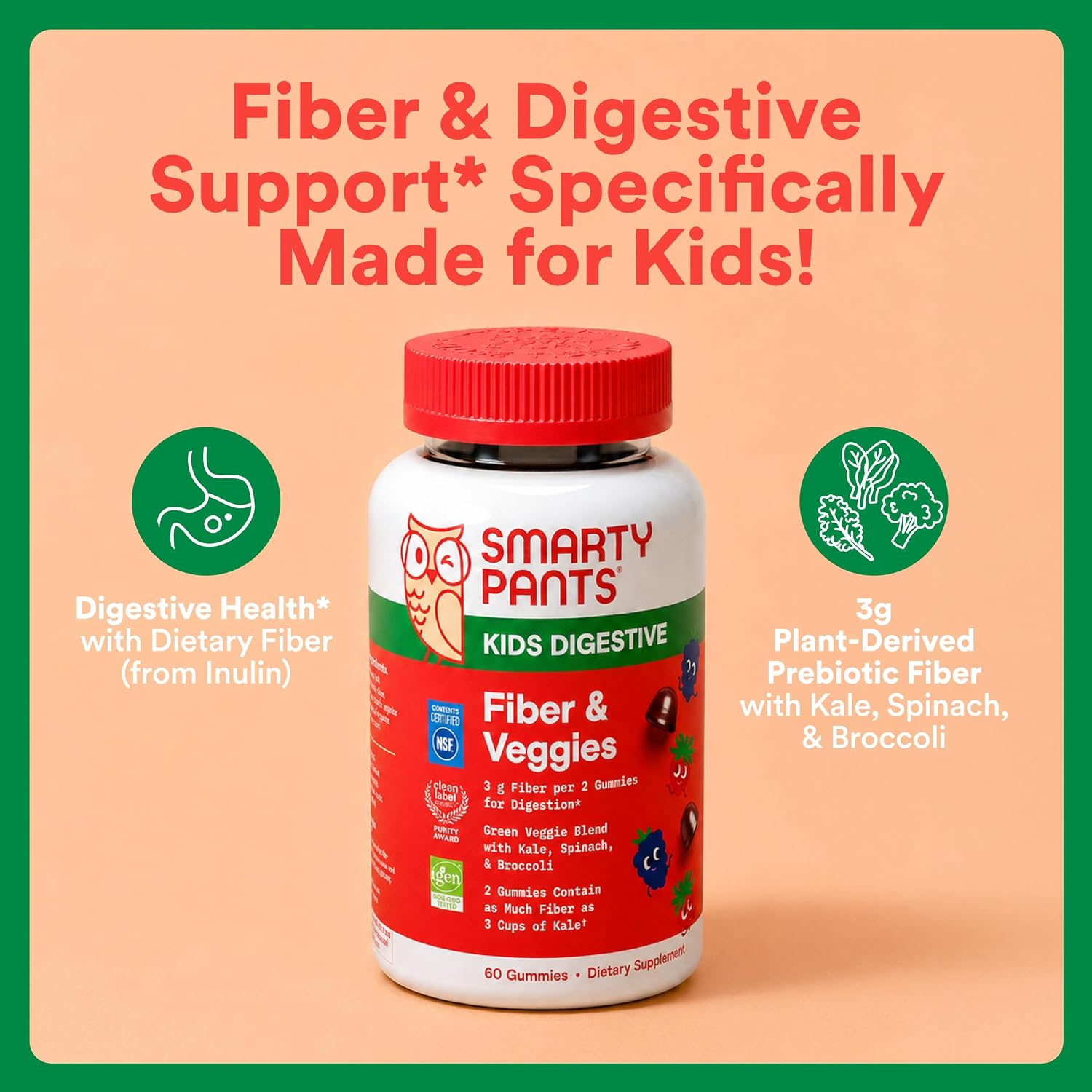 SmartyPants Kids Multivitamin Gummies and Fiber Supplement: Vitamin D3, C, Vitamin B12, B6, A, Zinc, Biotin, Inositol, Fiber Gummies, Three Fruit Flavors, 120 Count (30 Day Supply)