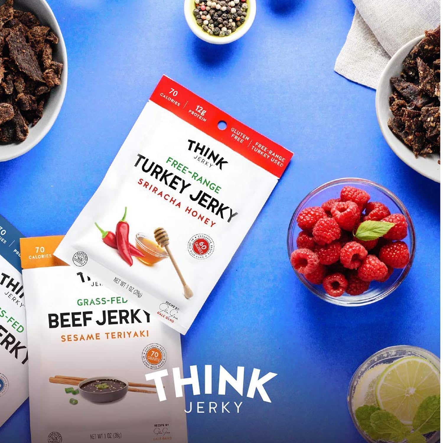 Think Jerky Sesame Teriyaki Beef Jerky, Grass-Fed High Protein Beef Jerky, Gluten Free, No Antibiotics or Nitrates, Healthy Chef Crafted Recipe, Low Calorie and Low Fat - 2.2 oz Bags, 4 Pack