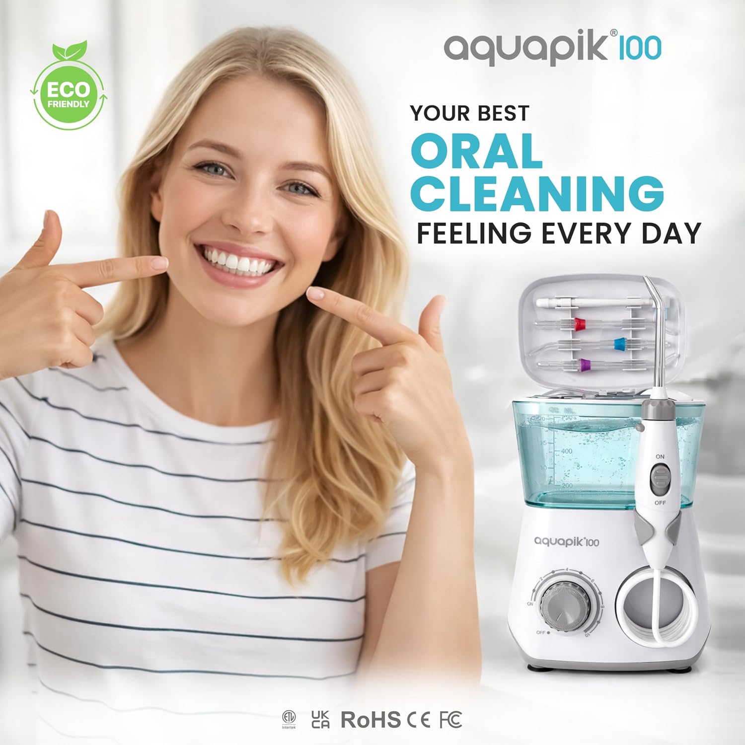 Bostontech Aquapik 100 Countertop Water Flosser for Teeth, 600 ml Corded Oral Irrigator with 10 Pressure Levels, 8 Nozzles Including Nasal Tip