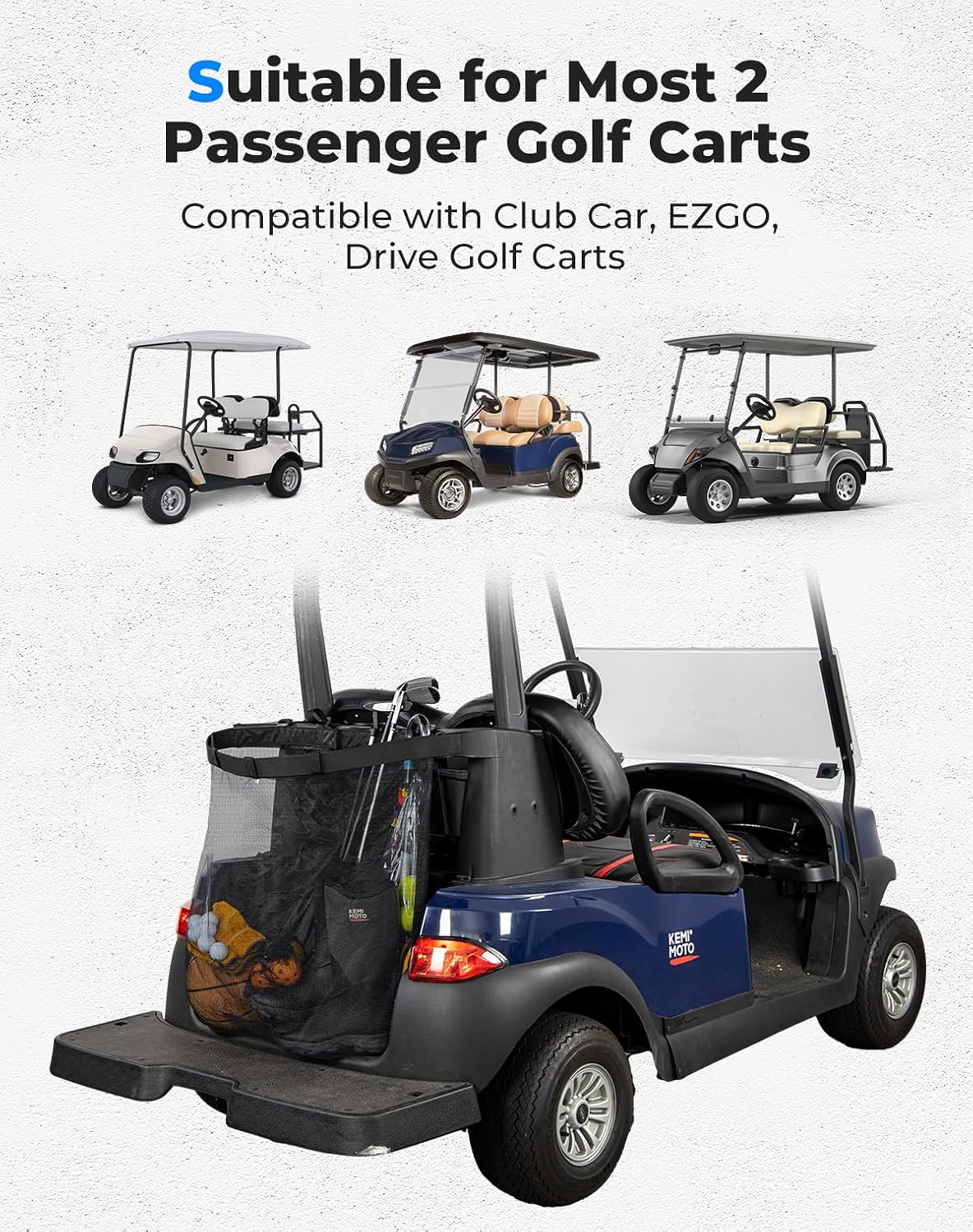 KEMIMOTO Mesh Shopping Storage Bag for 2-Passenger Golf Carts | Full Grocery Capacity, Shoulder Strap, Tool-Free Rear Mounting