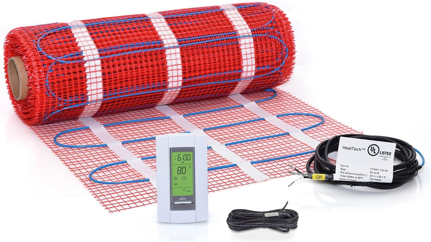 35 sqft Floor Heating Mat Kit, 120V Electric Radiant Floor Heat Heating Mat System with Adhesive Backing, Aube TH115-AF-120S Programmable Floor Sensing Thermostat w/Floor Sensor. Tile, Stone, Marble
