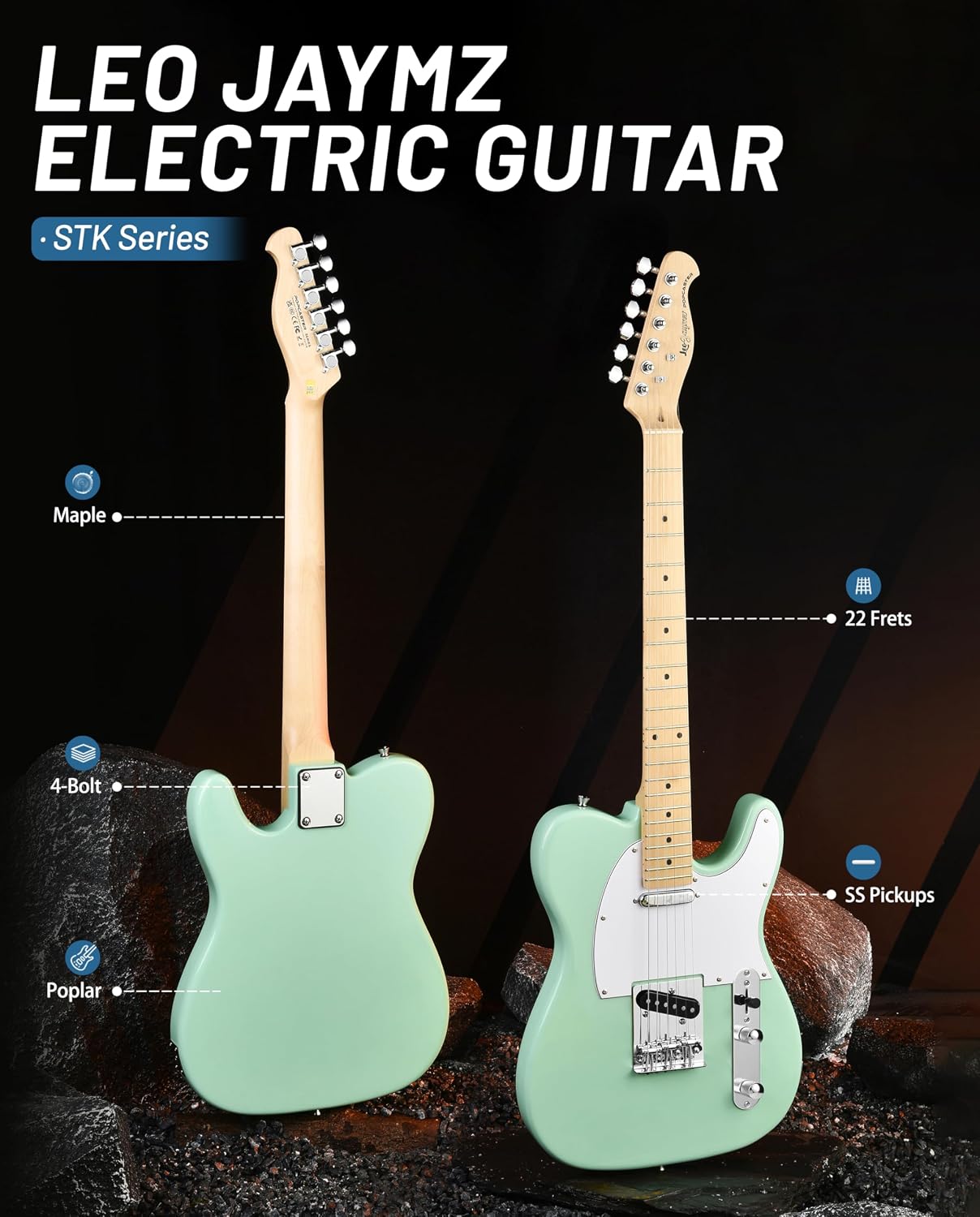 Leo Jaymz Beginner Electric Guitar Complete Kit with Portable Amp, Padded Gig Bag & Full Accessories, Maple Neck (TL-White)