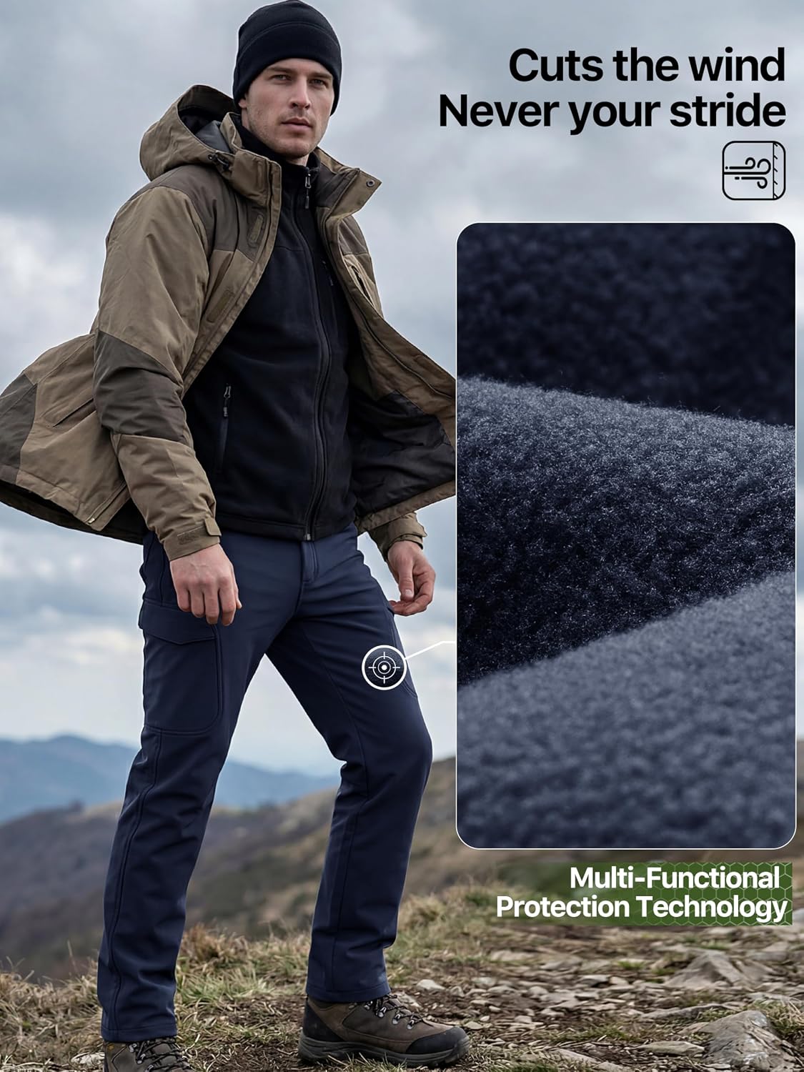 FREE SOLDIER Men's Outdoor Softshell Fleece Lined Cargo Pants | Snow Ski Hiking Pants with Belt, Waterproof Winter Pants, Insulated Work Pants, Breathable Windproof Insulated Pants